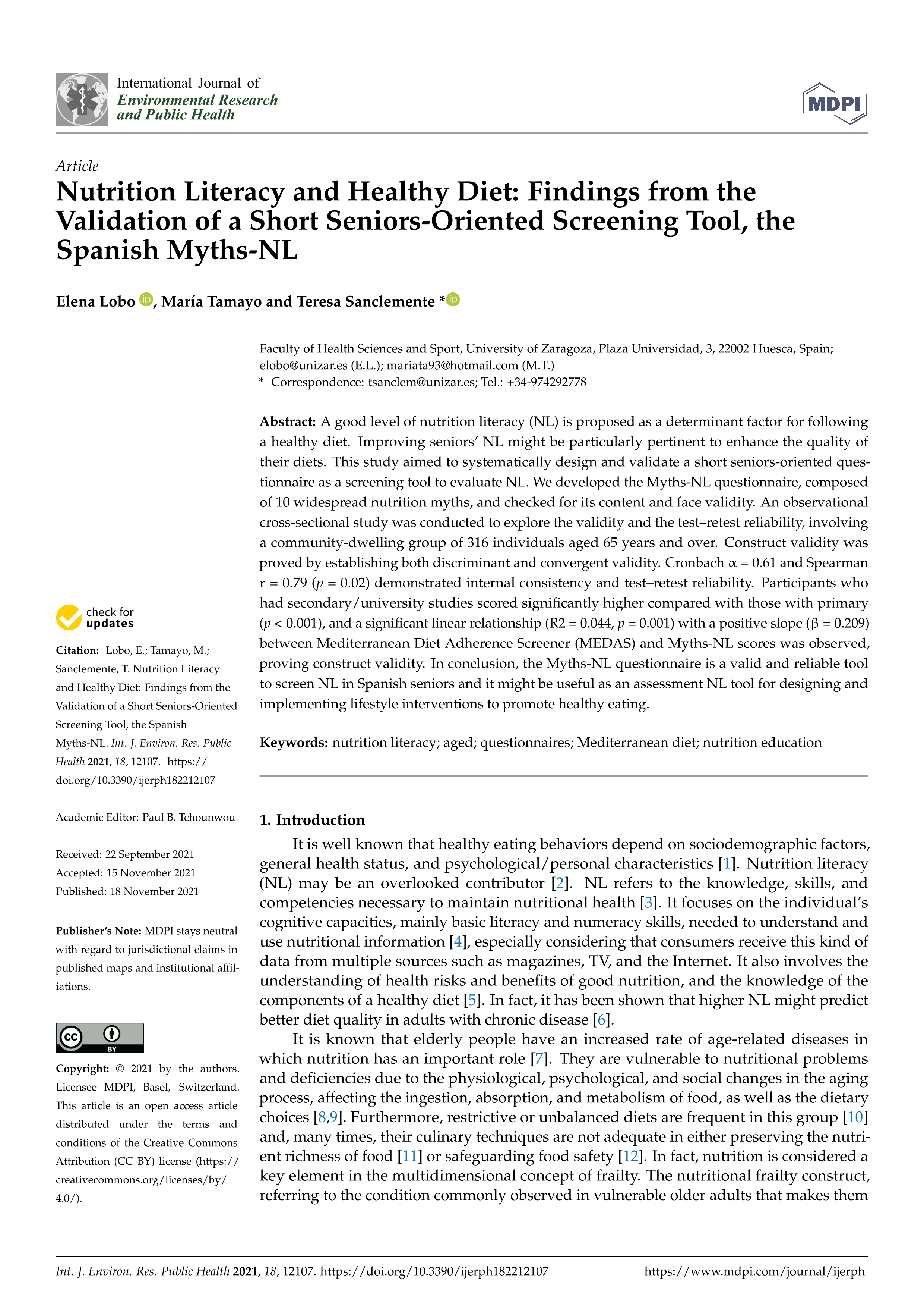 Nutrition literacy and healthy diet: findings from the validation of a short seniors-oriented screening tool, the Spanish Myths-NL