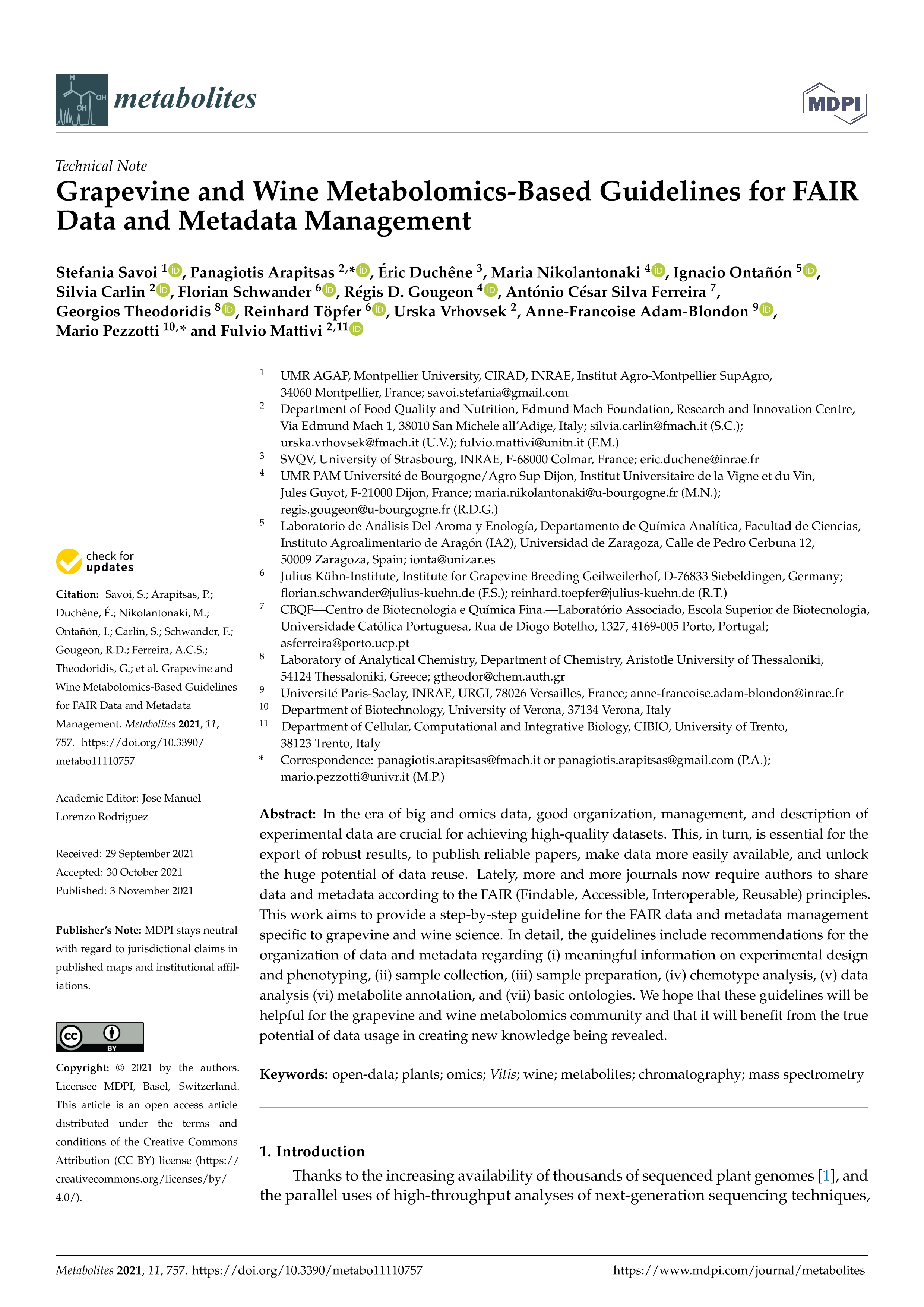 Grapevine and wine metabolomics-based guidelines for fair data and metadata management