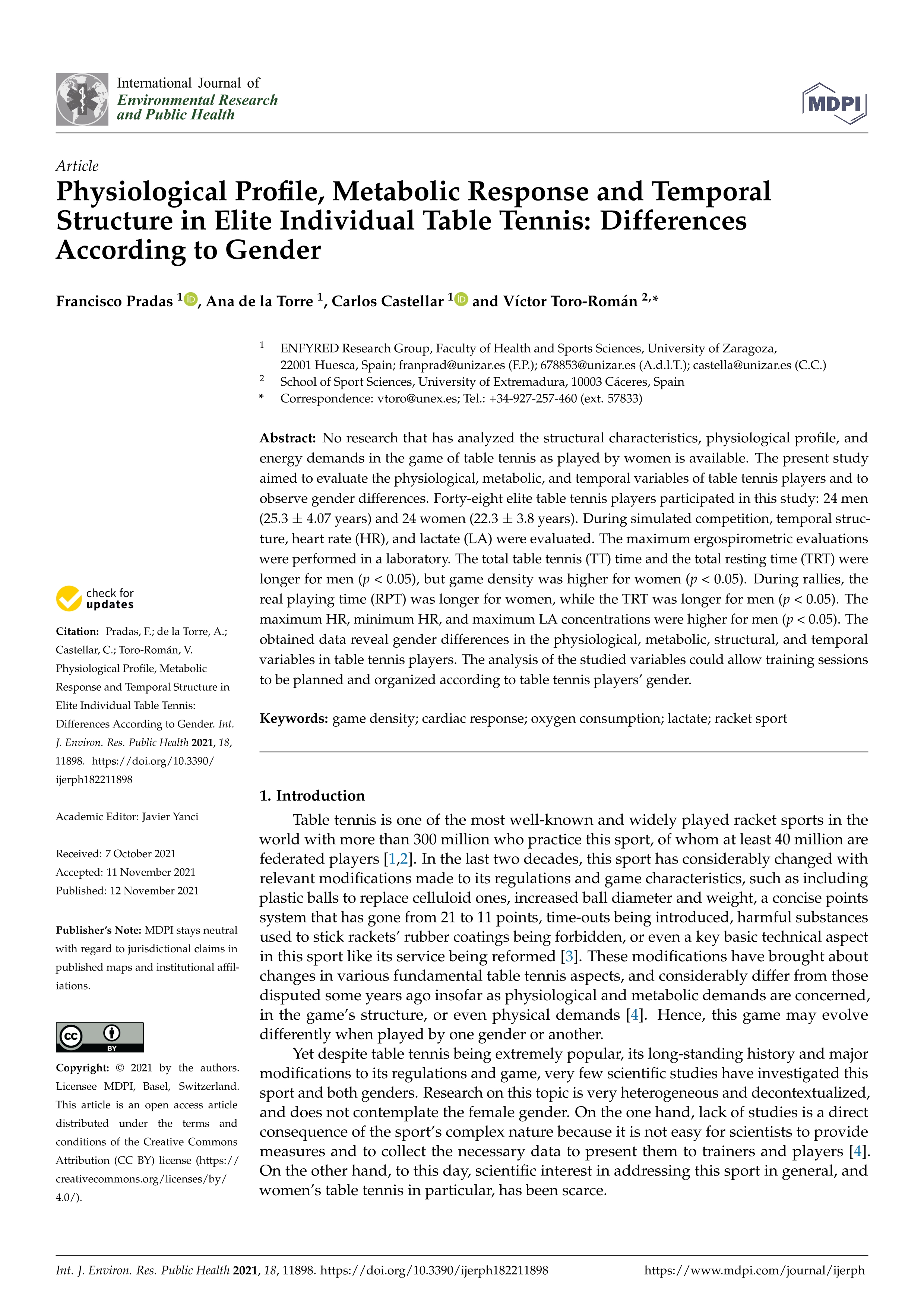 Physiological profile, metabolic response, and temporal structure in elite individual table tennis: differences according to gender