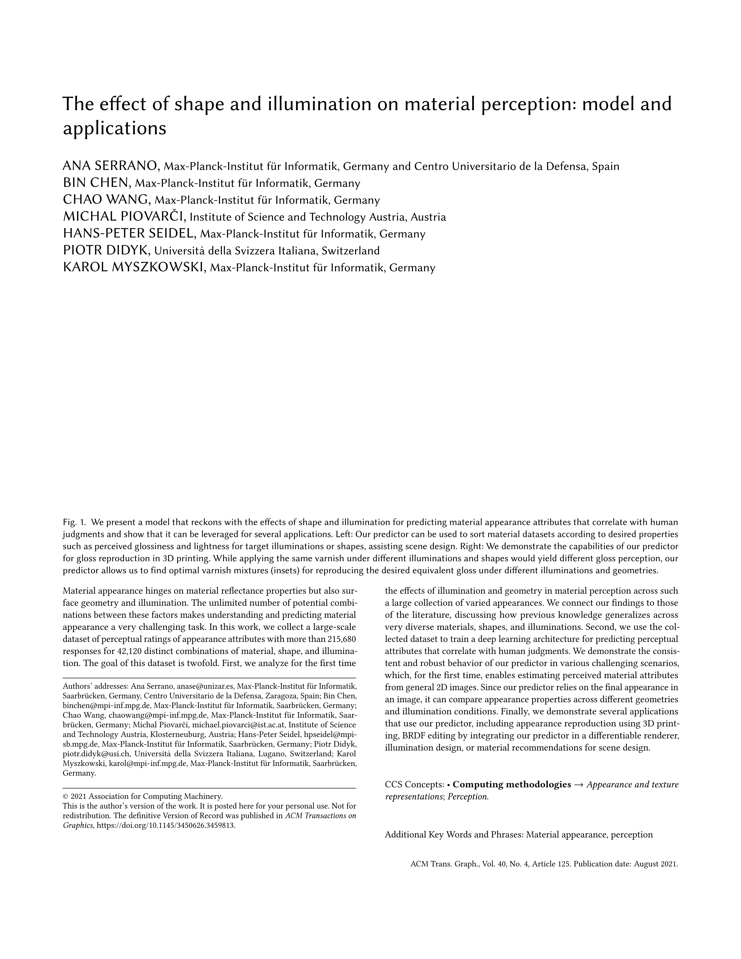 The effect of shape and illumination on material perception: model and applications