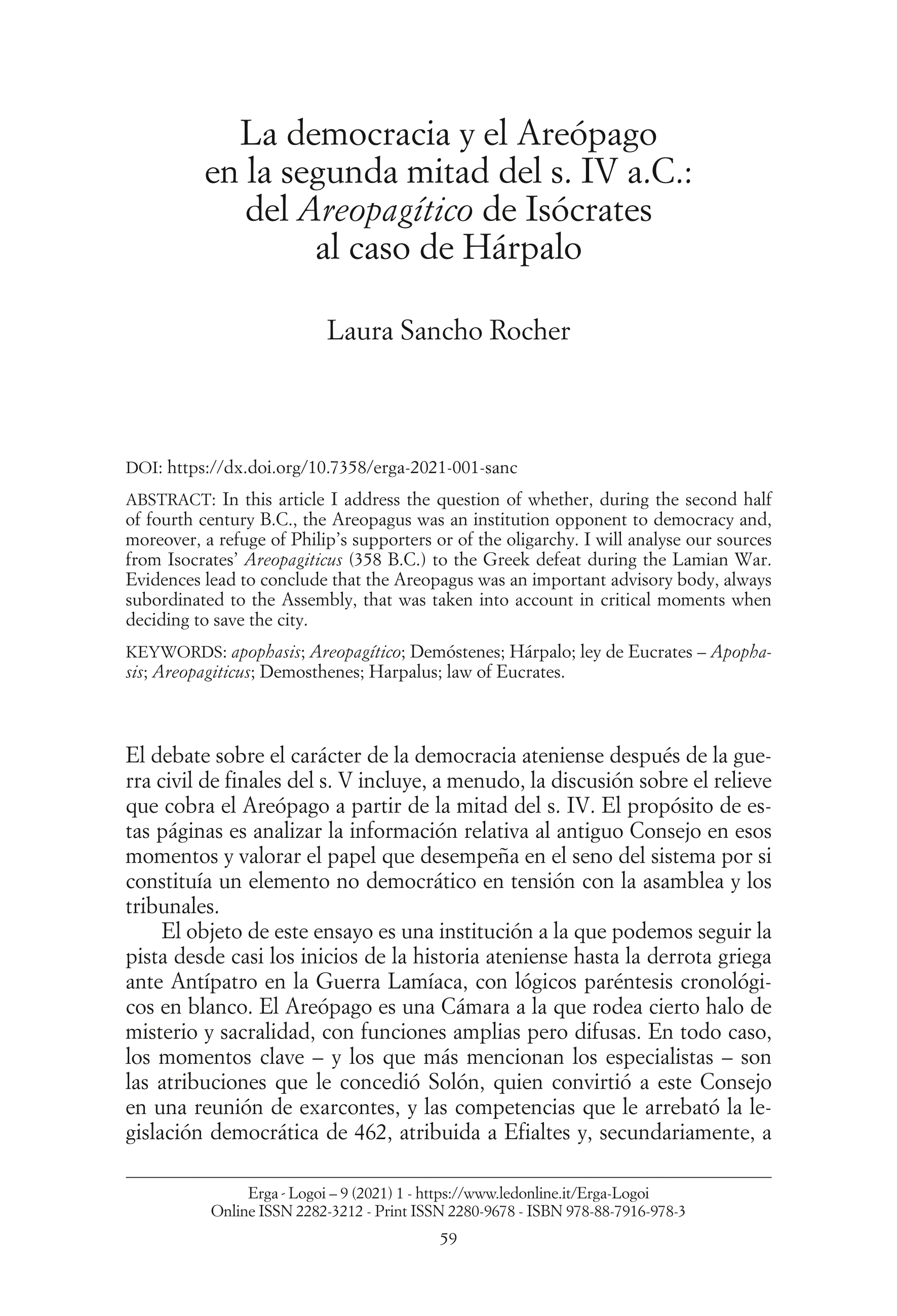 La democracia y el Areópago en la segunda mitad del s. IV a.C.: del Areopagítico de Isócrates al caso de Hárpalo