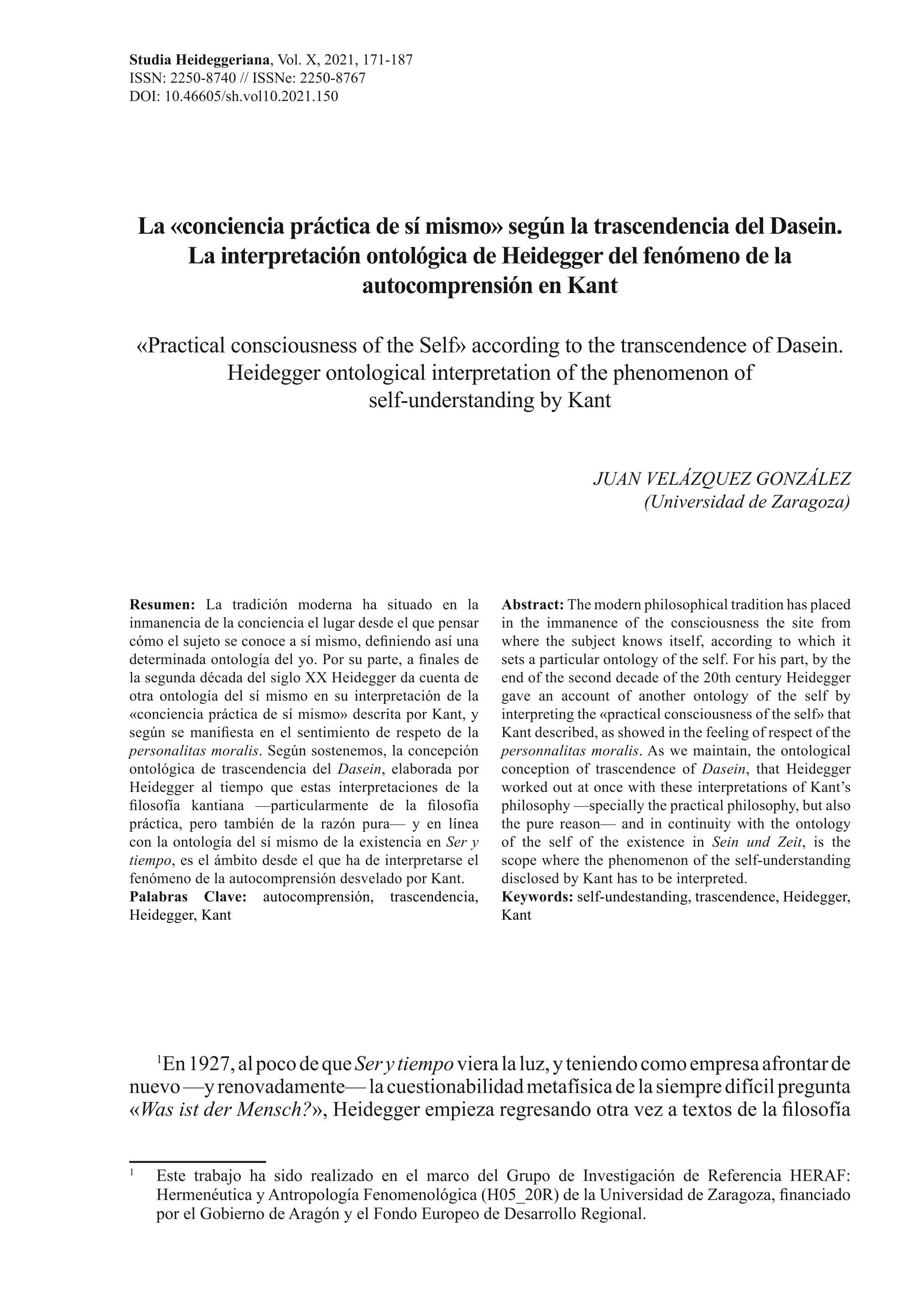 La «conciencia práctica de sí mismo» según la trascendencia del Dasein.La interpretación ontológica de Heidegger del fenómeno de la autocomprensión en Kant