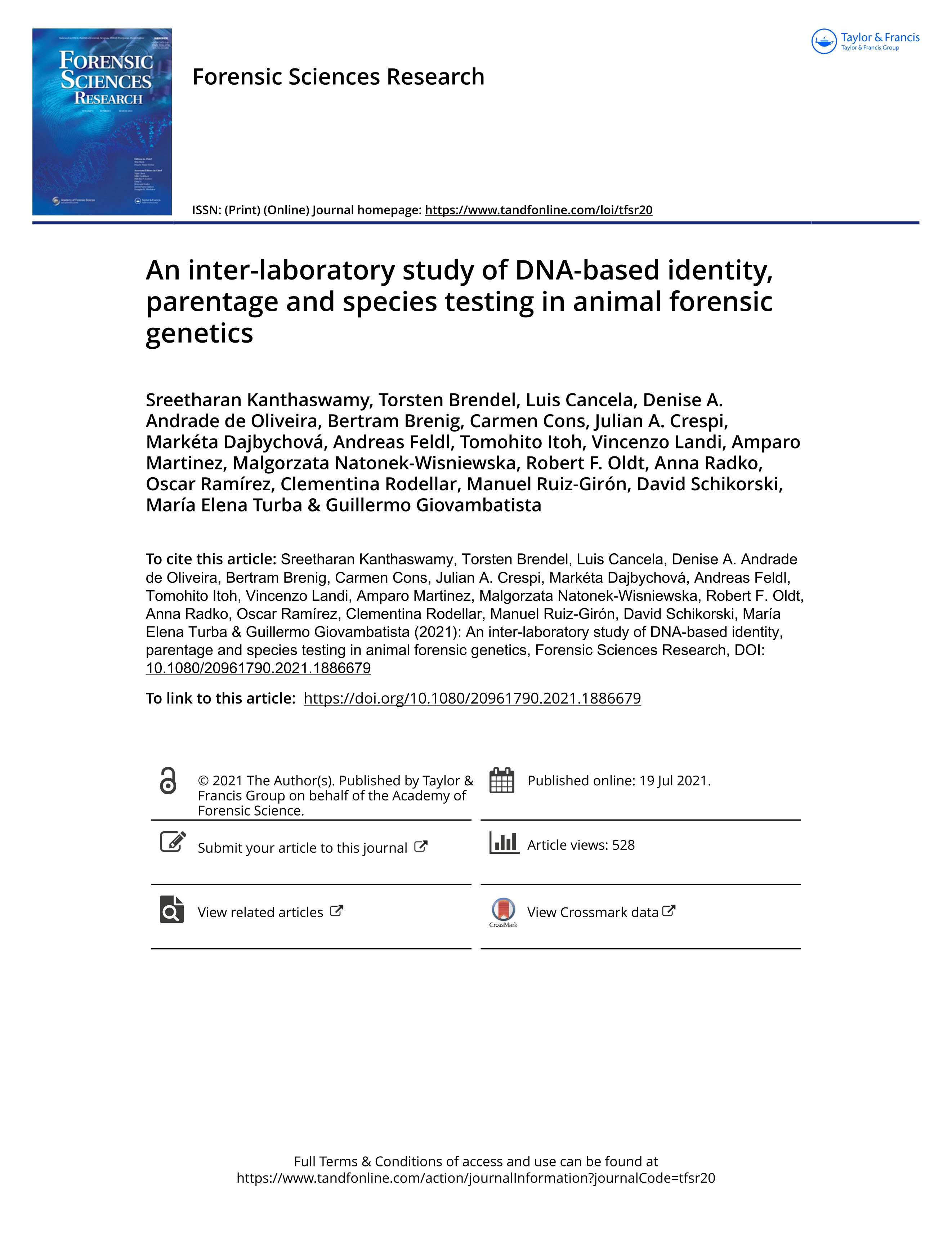 An inter-laboratory study of DNA-based identity, parentage and species testing in animal forensic genetics