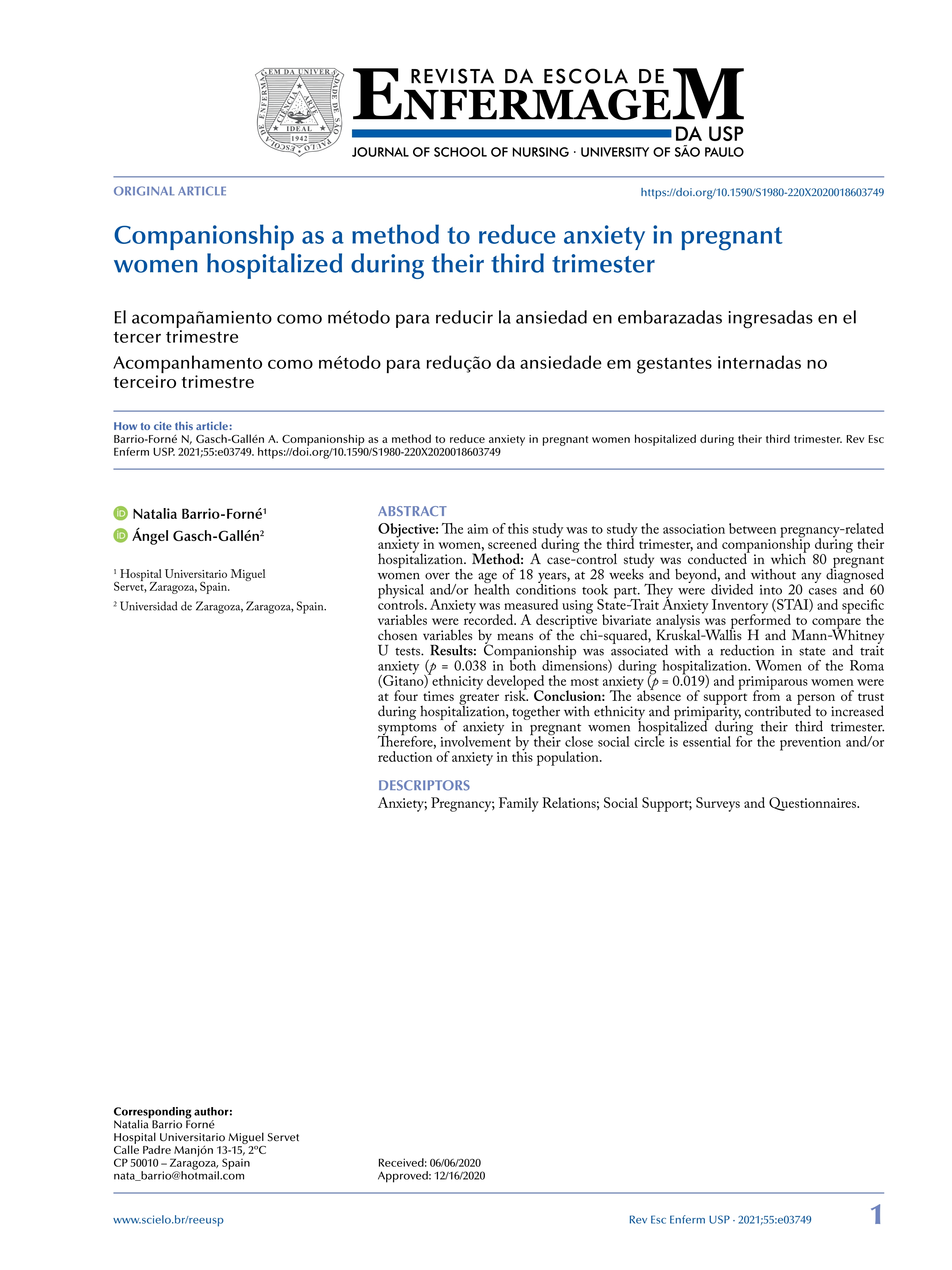 Companionship as a method to reduce anxiety in pregnant women hospitalized during their third trimester