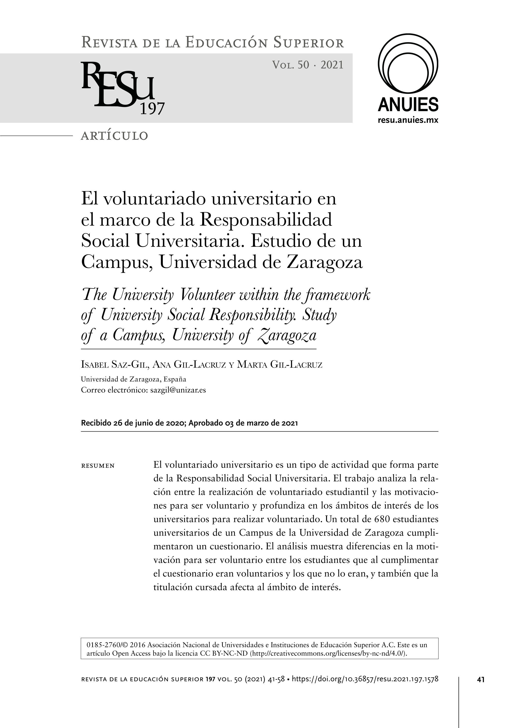 El voluntariado universitario en el marco de la Responsabilidad Social Universitaria. Estudio de un Campus, Universidad de Zaragoza