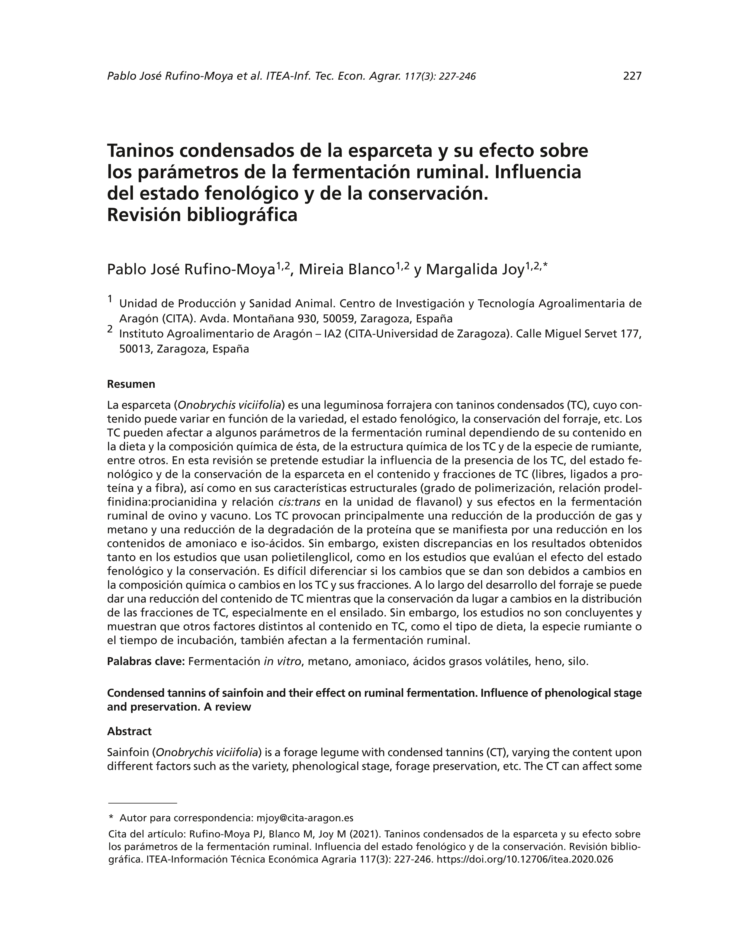 Taninos condensados de la esparceta y su efecto sobre los parámetros de la fermentación ruminal. Influencia del estado fenológico y de la conservación. Revisión bibliográfica