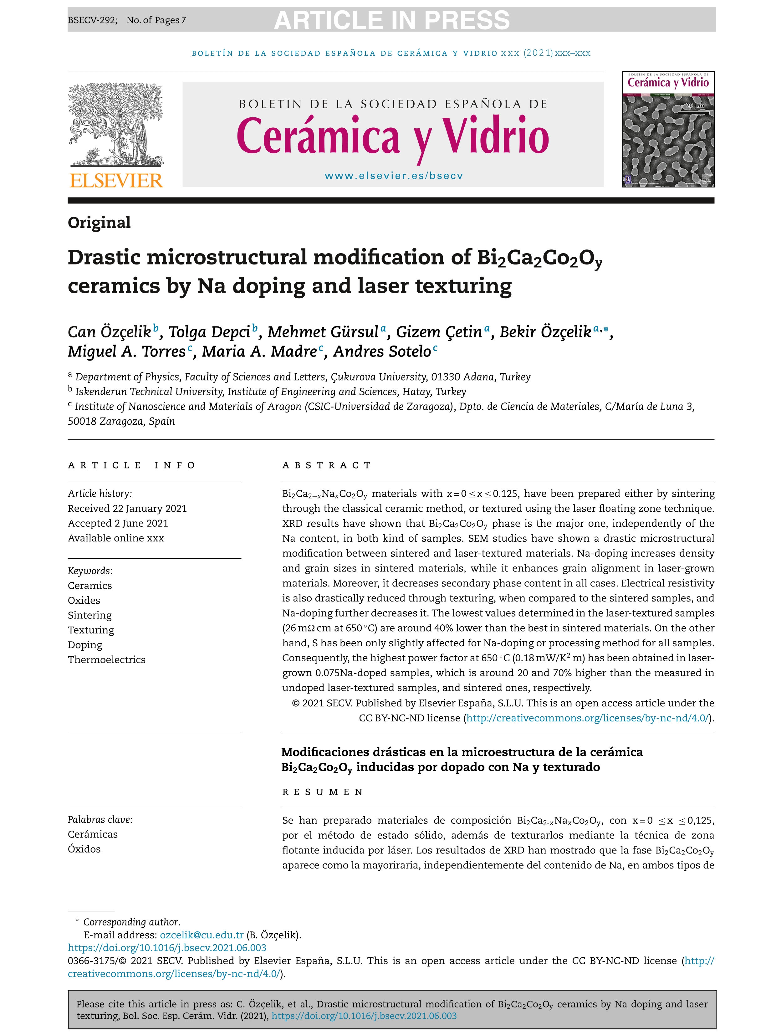 Drastic microstructural modification of Bi2Ca2Co2Oy ceramics by Na doping and laser texturing
