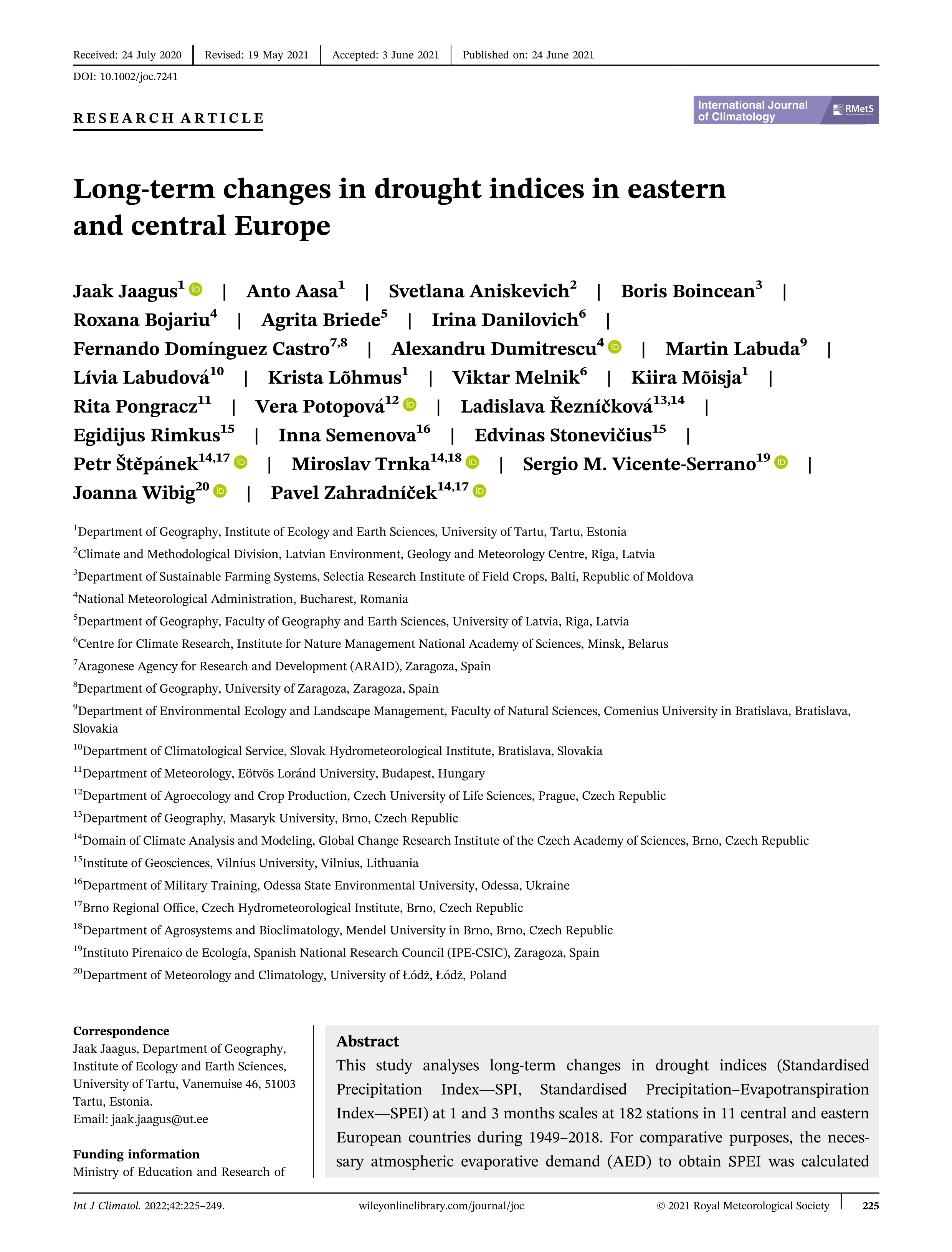 Long-term changes in drought indices in eastern and central Europe