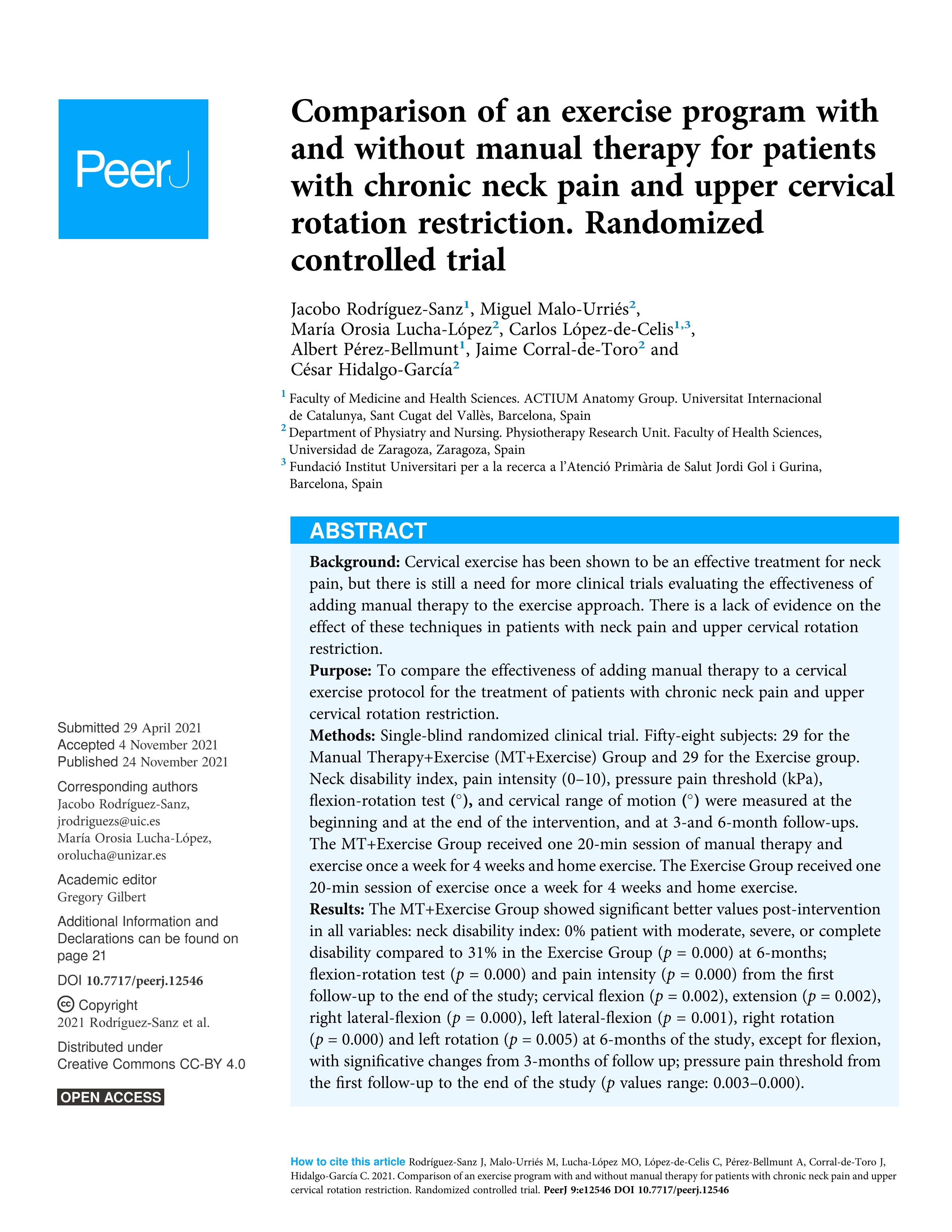 Comparison of an exercise program with and without manual therapy for patients with chronic neck pain and upper cervical rotation restriction. Randomized controlled trial