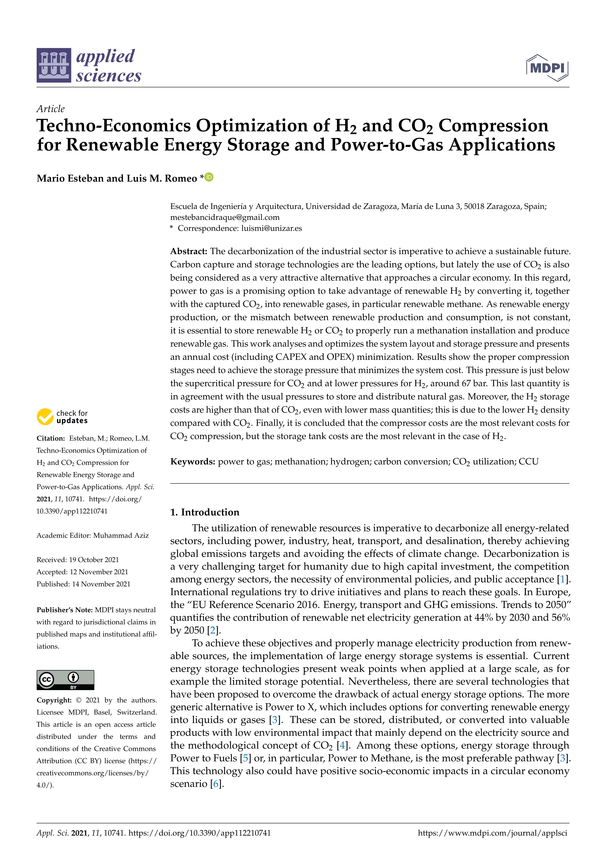 Techno-economics optimization of H2 and CO2 compression for renewable energy storage and power-to-gas applications