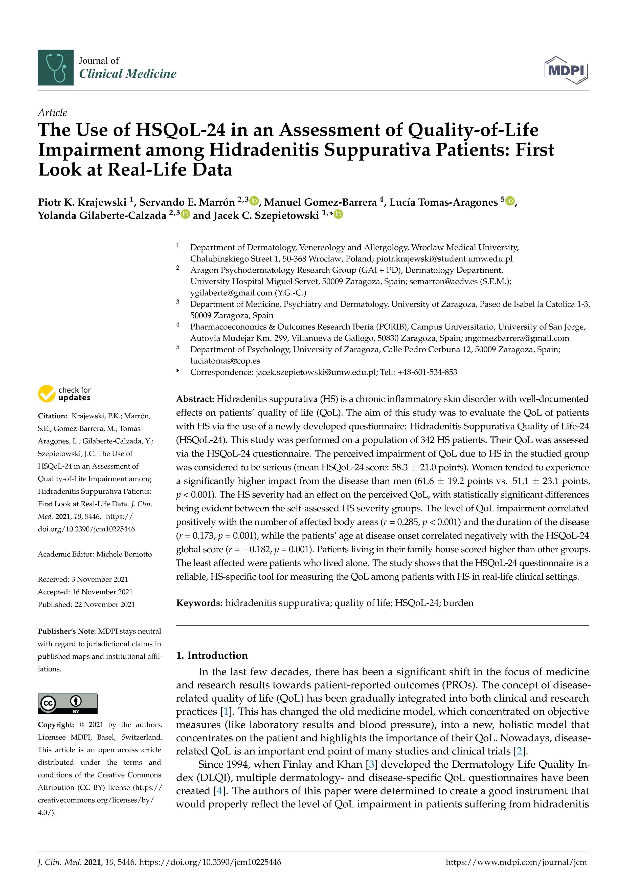 The use of HSQoL-24 in an assessment of quality-of-life impairment among hidradenitis suppurativa patients: First look at real-life data