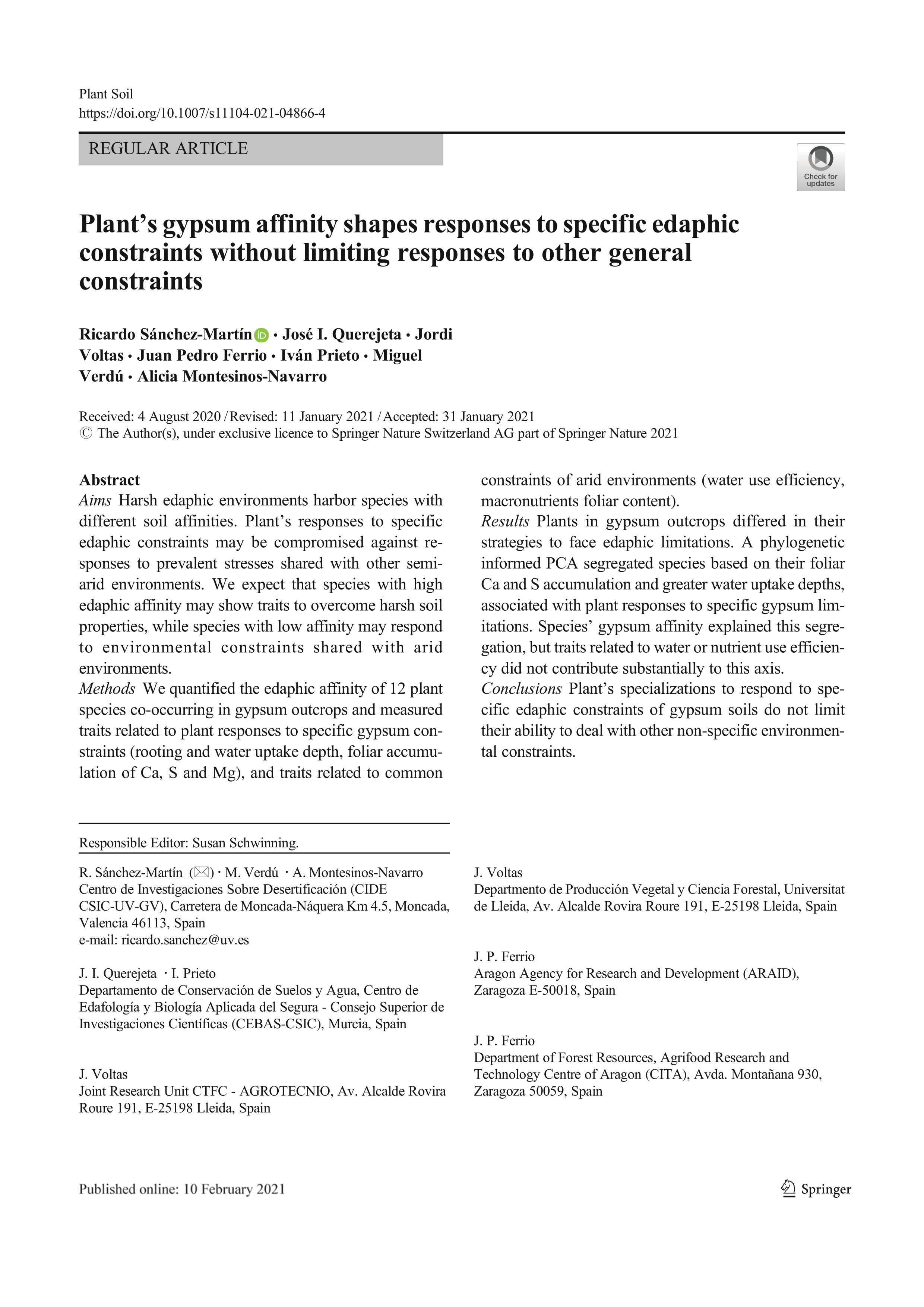 Plant’s gypsum affinity shapes responses to specific edaphic constraints without limiting responses to other general constraints