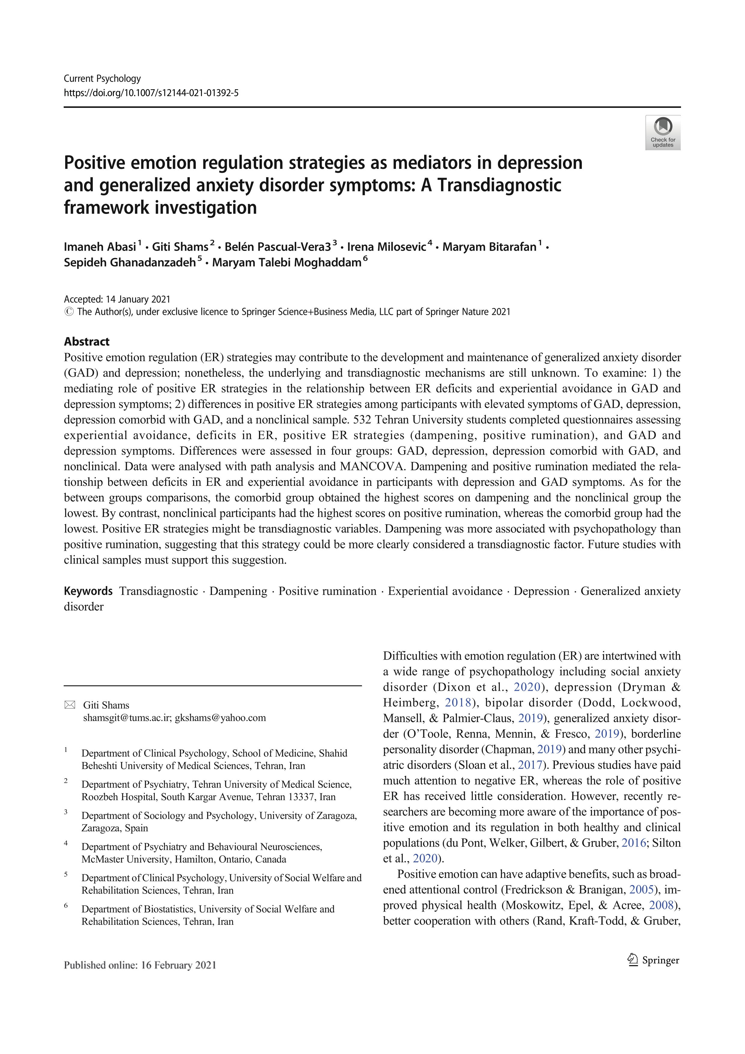 Positive emotion regulation strategies as mediators in depression and generalized anxiety disorder symptoms: A Transdiagnostic framework investigation