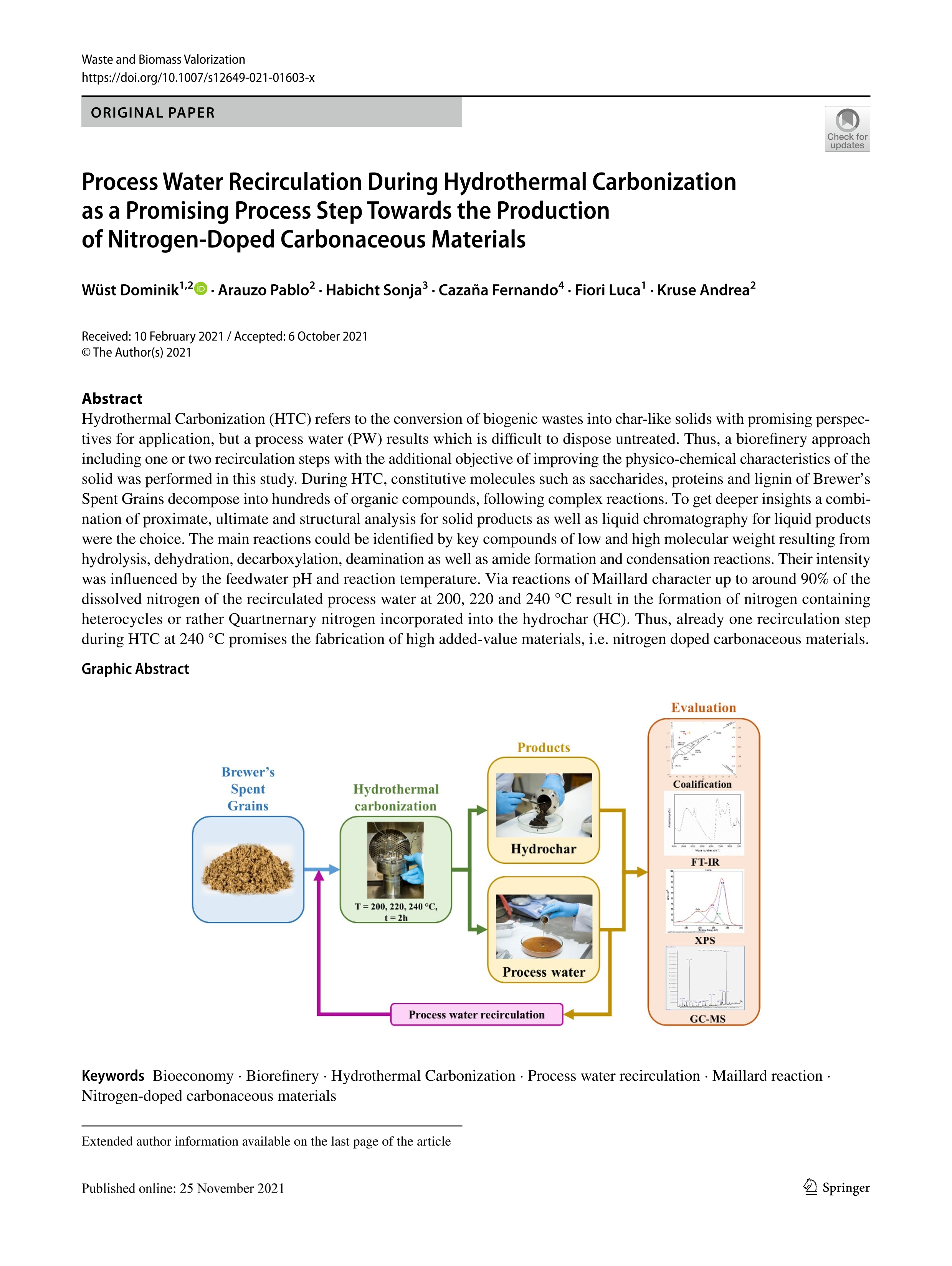 Process water recirculation during hydrothermal carbonization as a promising process step towards the production of nitrogen-doped carbonaceous materials