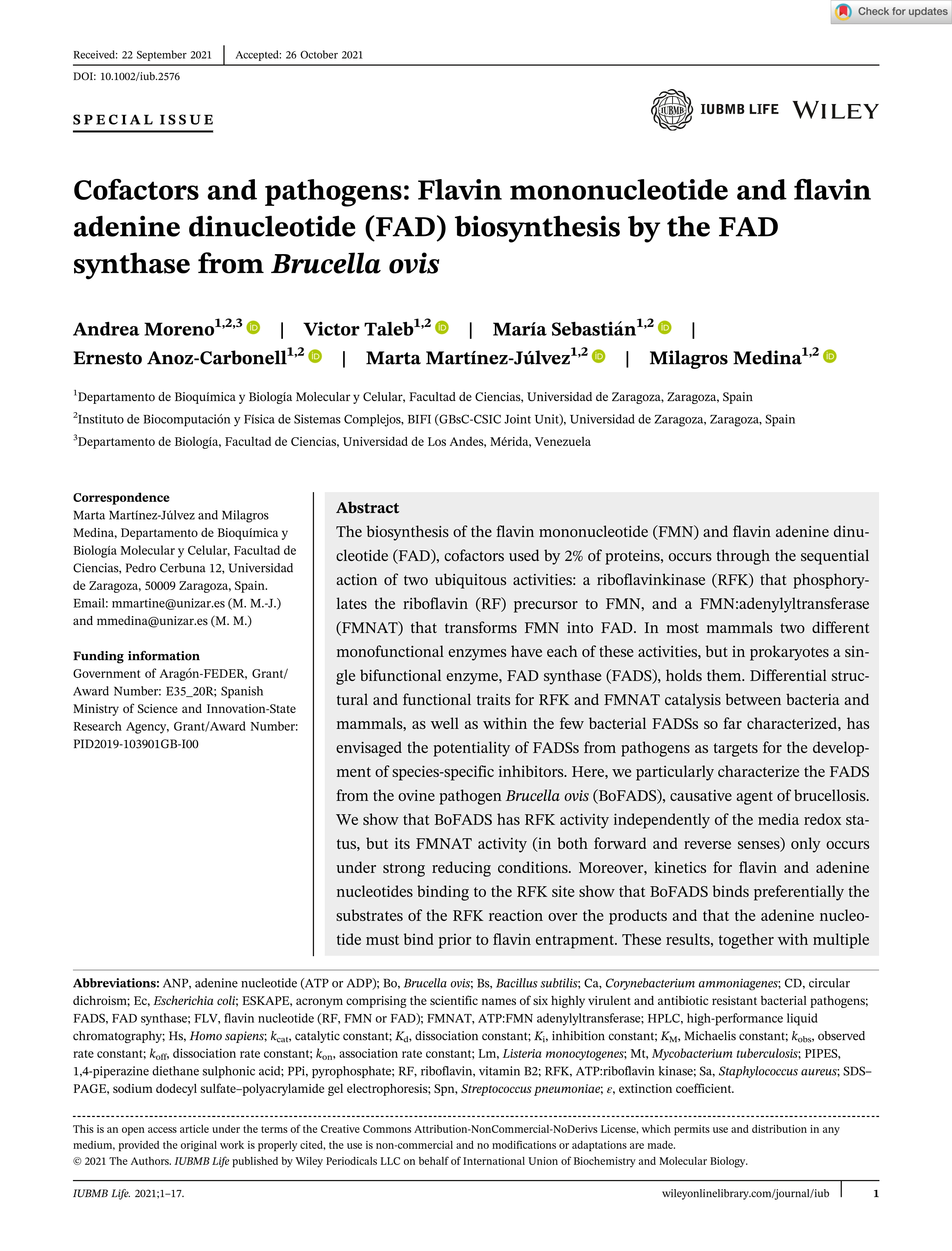 Cofactors and pathogens: Flavin mononucleotide and flavin adenine dinucleotide (FAD) biosynthesis by the FAD synthase from Brucella ovis