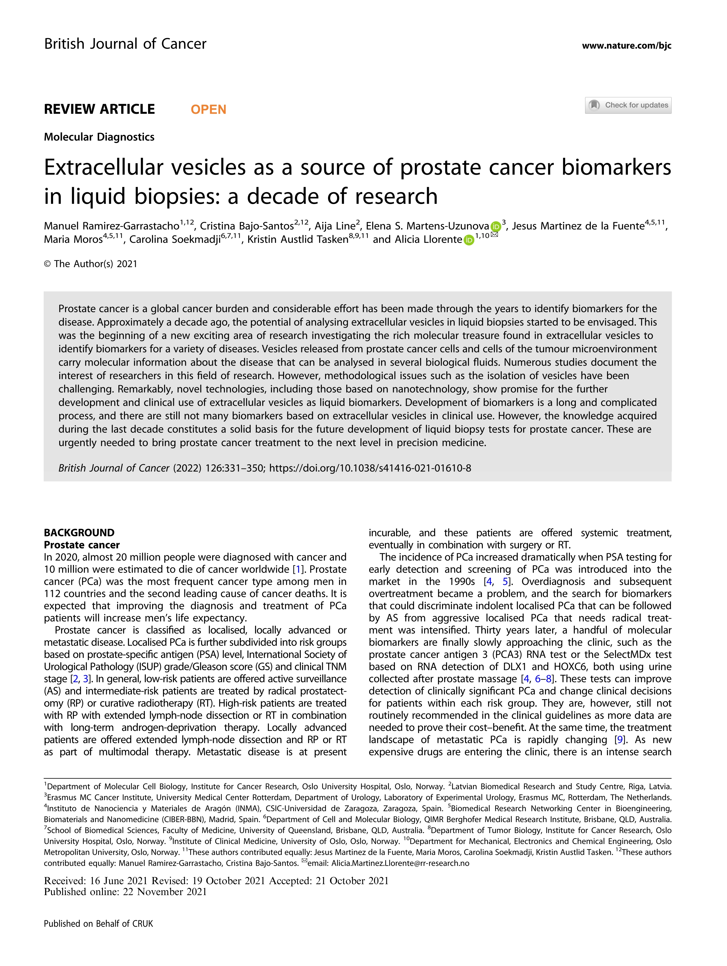 Extracellular vesicles as a source of prostate cancer biomarkers in liquid biopsies: a decade of research