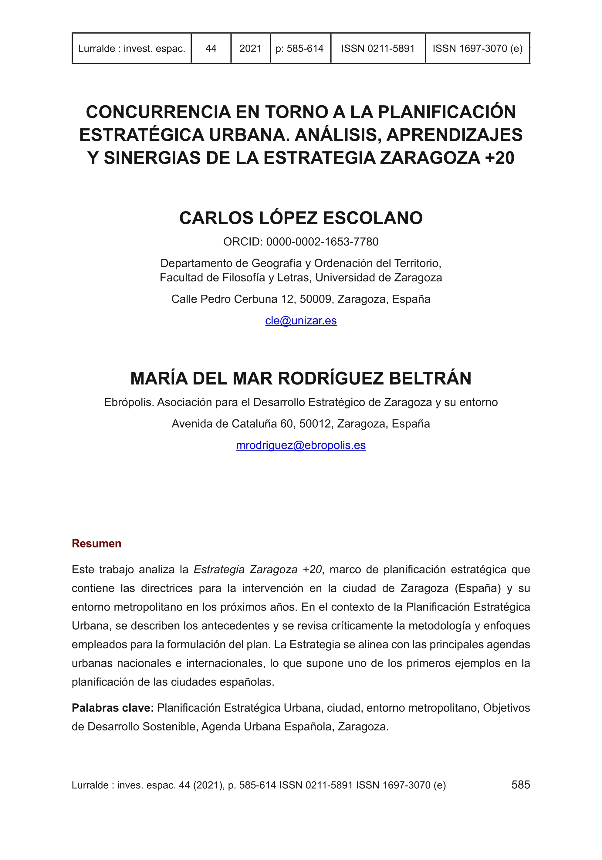 Concurrencia en torno a la planificación estratégica urbana. Análisis, aprendizajes y sinergias de la estrategia Zaragoza +20