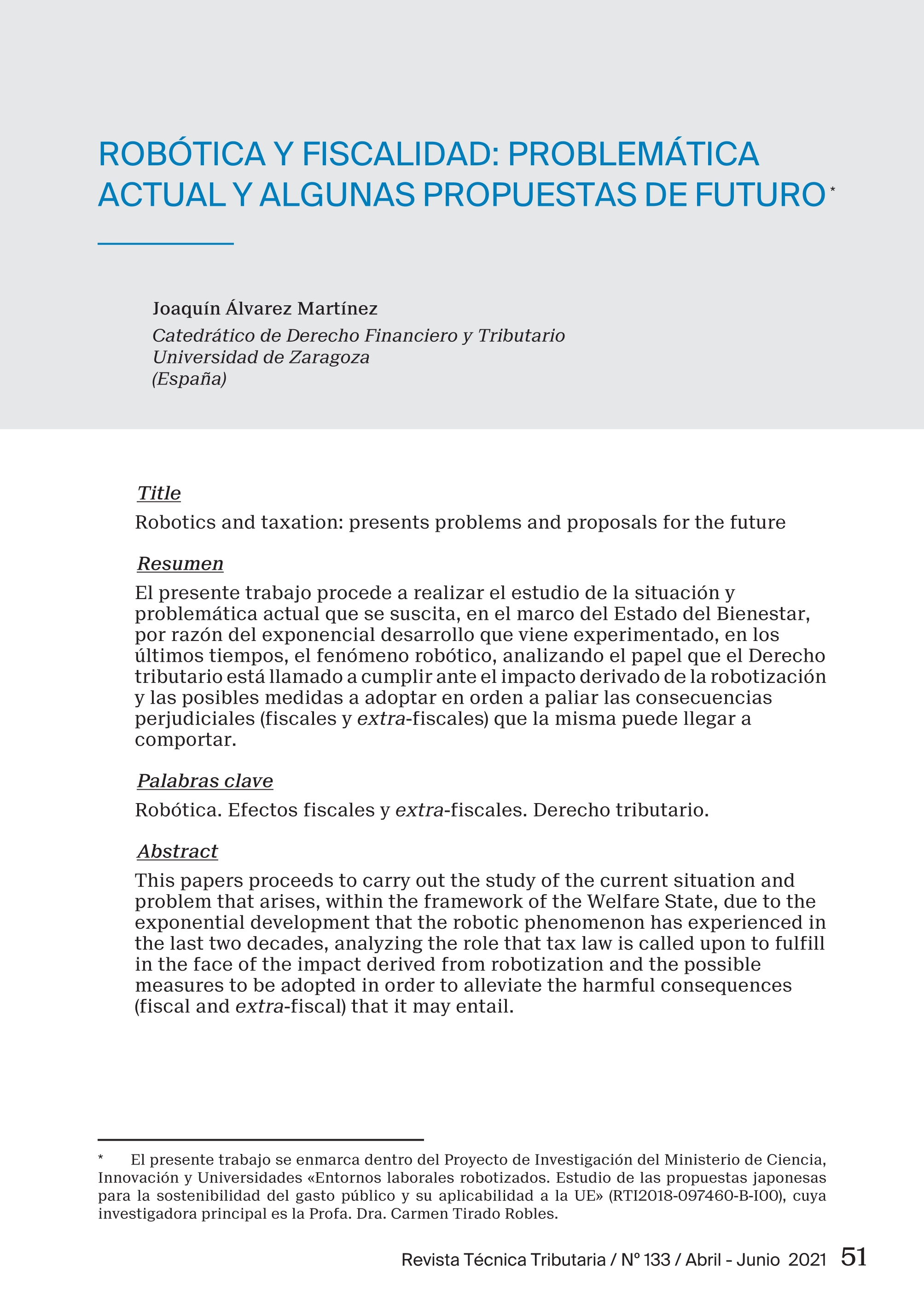 Robótica y fiscalidad: problemática actual y algunas propuestas de futuro