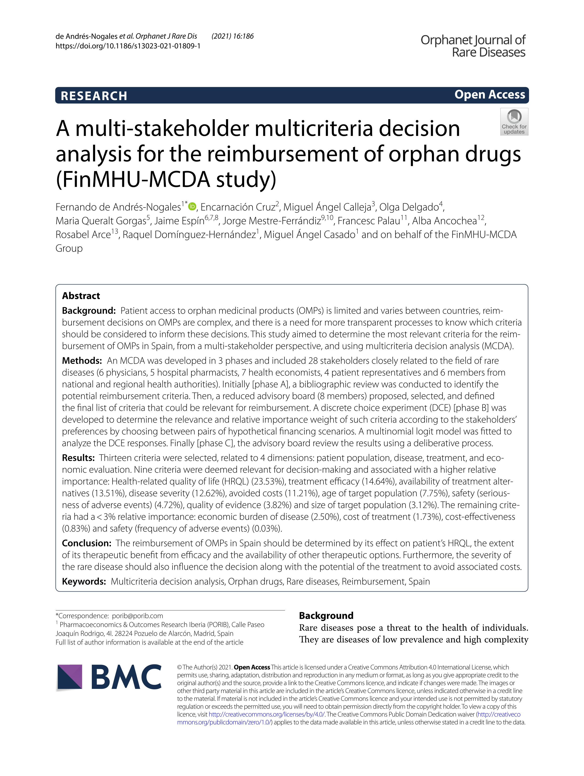 A multi-stakeholder multicriteria decision analysis for the reimbursement of orphan drugs (FinMHU-MCDA study)