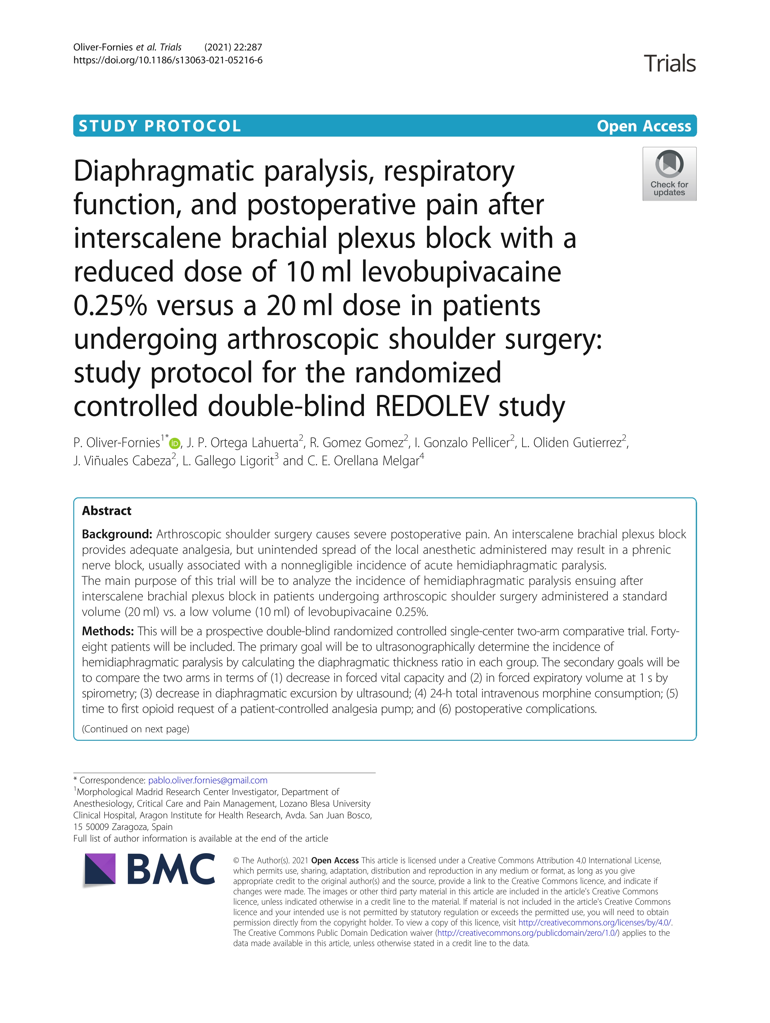 Diaphragmatic paralysis, respiratory function, and postoperative pain after interscalene brachial plexus block with a reduced dose of 10 ml levobupivacaine 0.25% versus a 20 ml dose in patients undergoing arthroscopic shoulder surgery: study protocol for the randomized controlled double-blind Redole