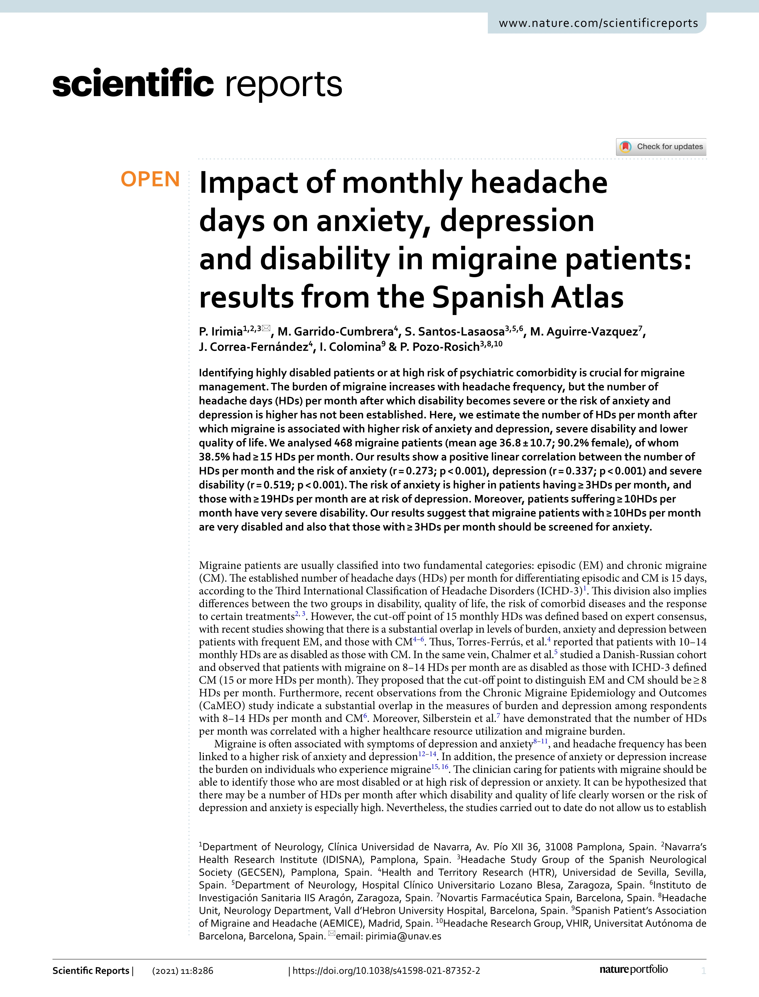 Impact of monthly headache days on anxiety, depression and disability in migraine patients: results from the Spanish Atlas