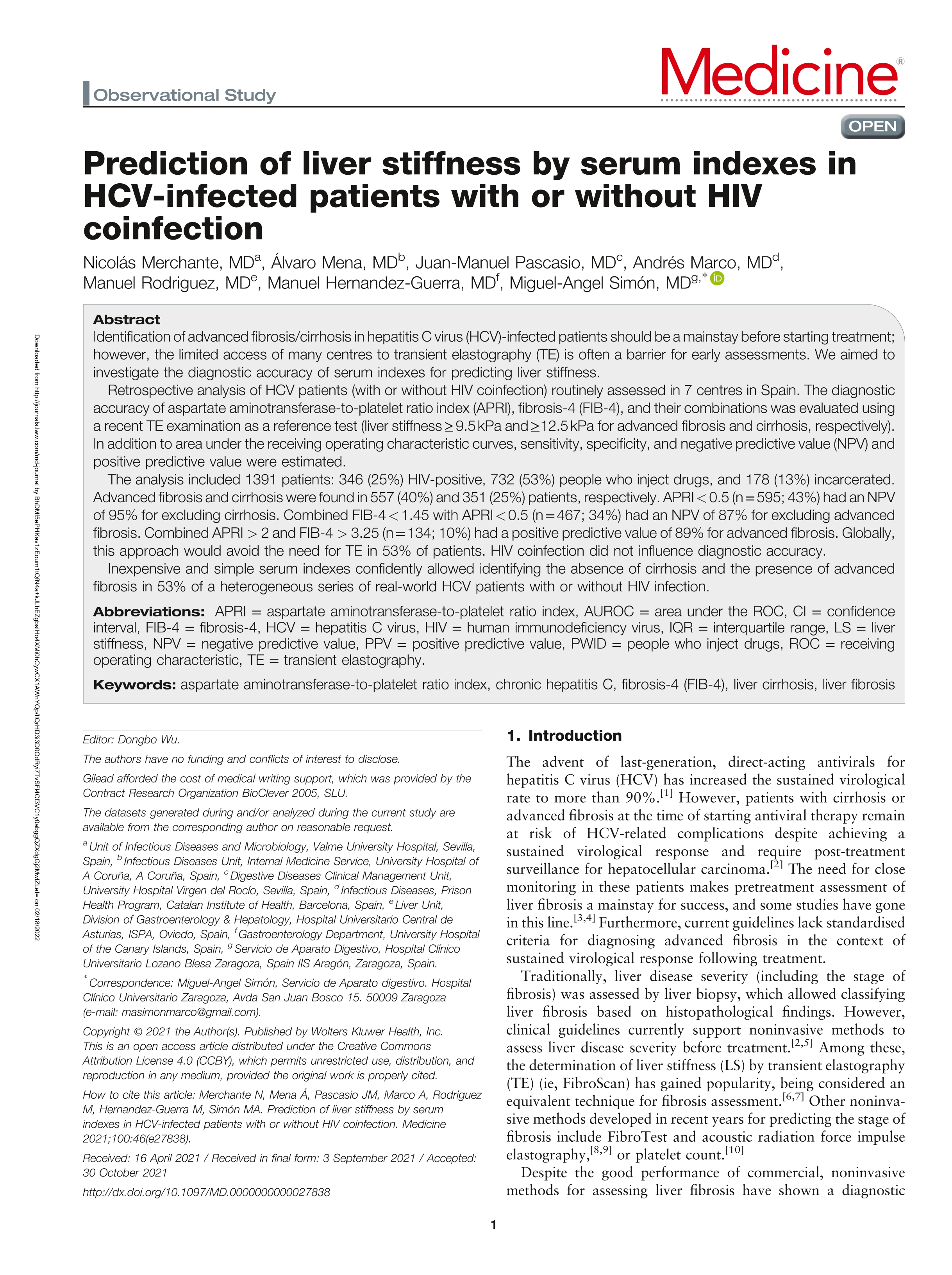 Prediction of liver stiffness by serum indexes in HCV-infected patients with or without HIV coinfection