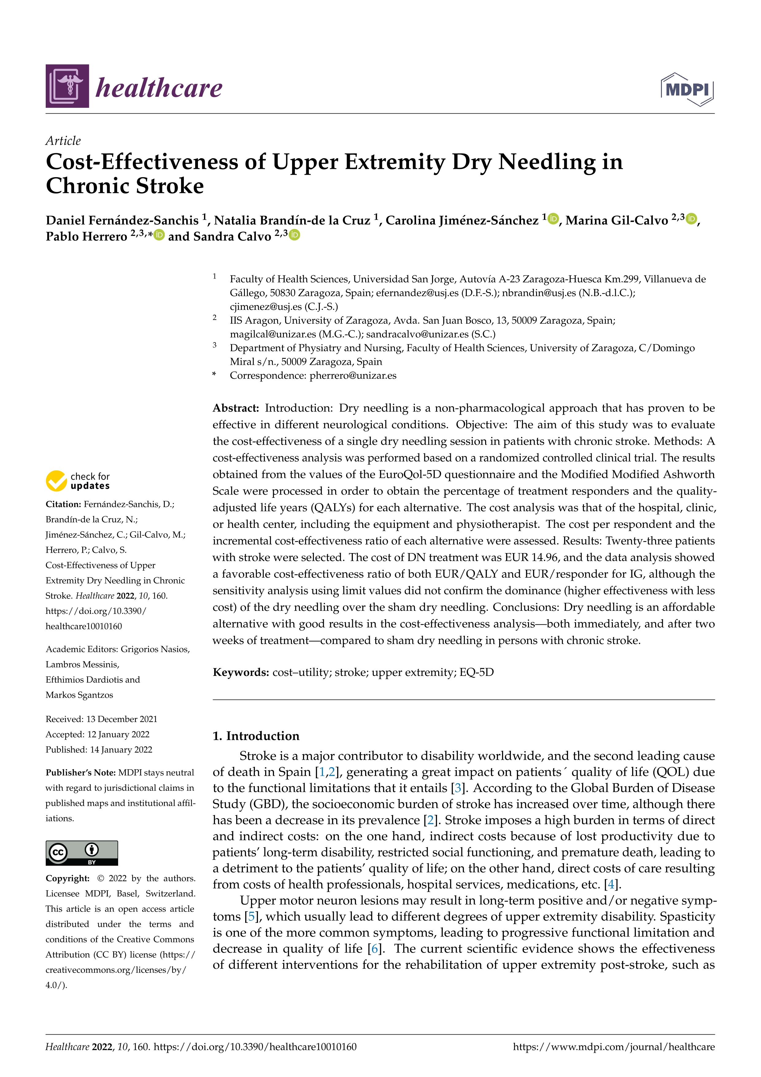 Cost-Effectiveness of Upper Extremity Dry Needling in Chronic Stroke