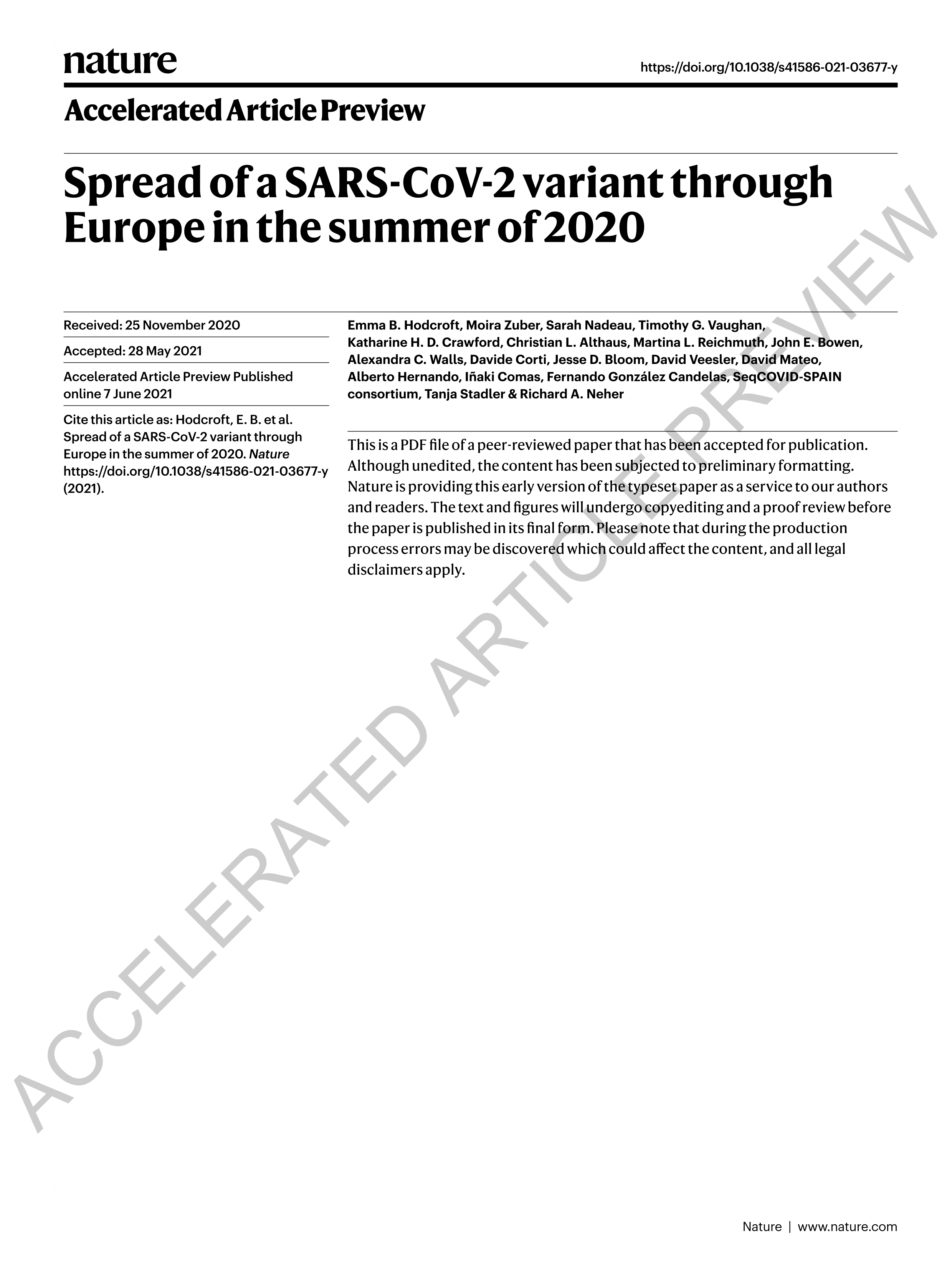 Spread of a SARS-CoV-2 variant through Europe in the summer of 2020.