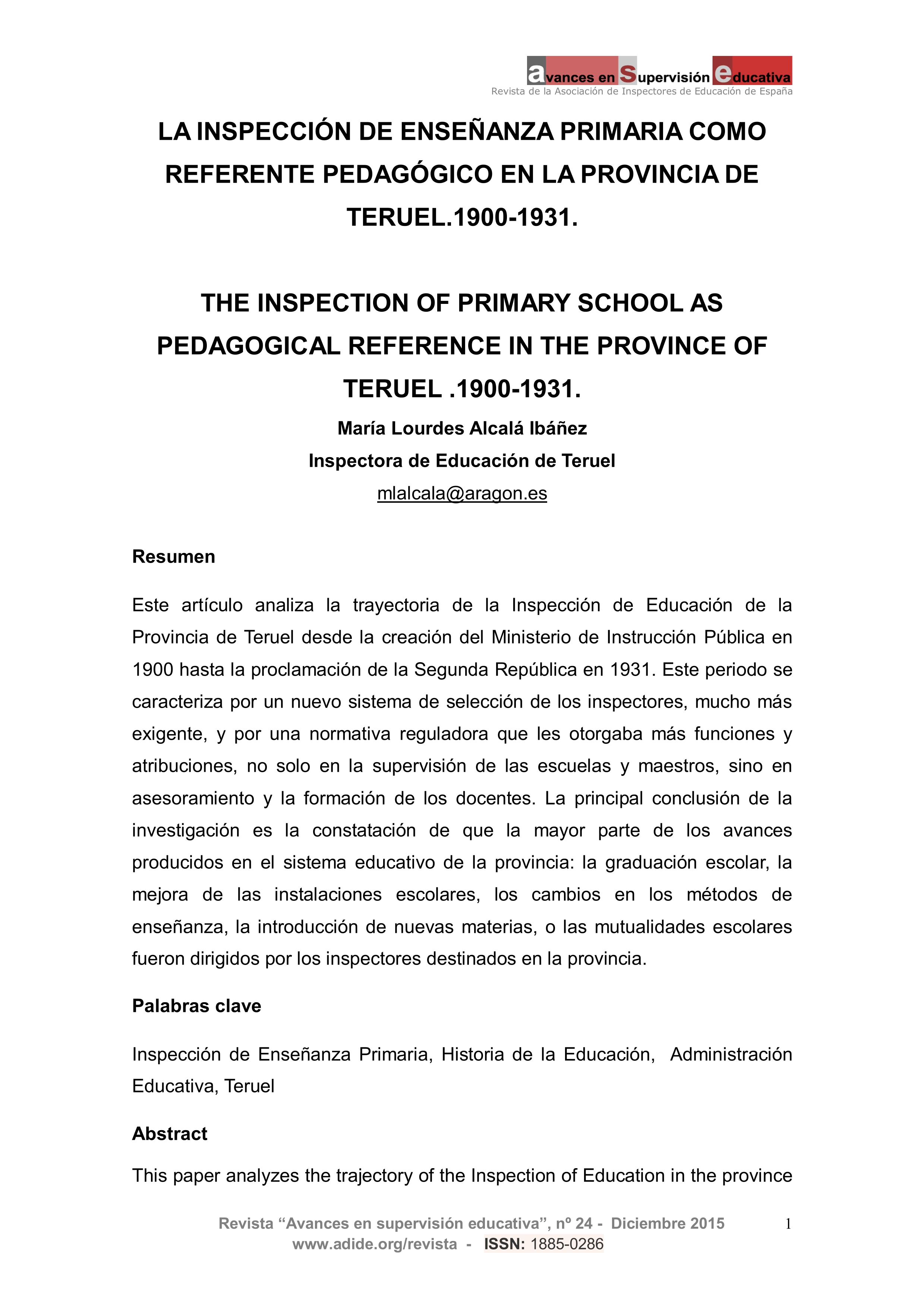 La inspección de enseñanza primaria como referente pedagógico en la provincia de Teruel. 1900-1931