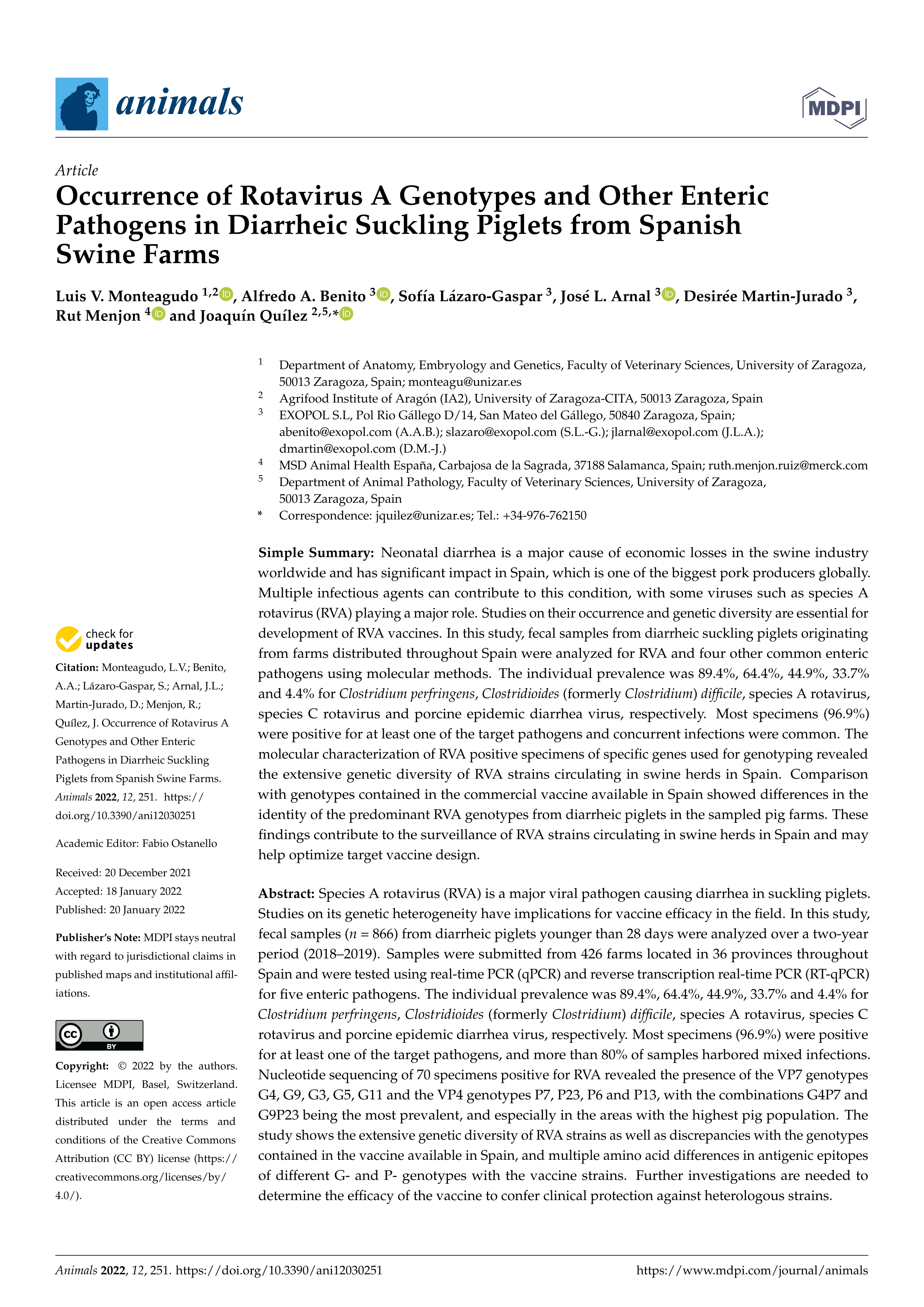 Occurrence of rotavirus a genotypes and other enteric pathogens in diarrheic suckling piglets from Spanish swine farms