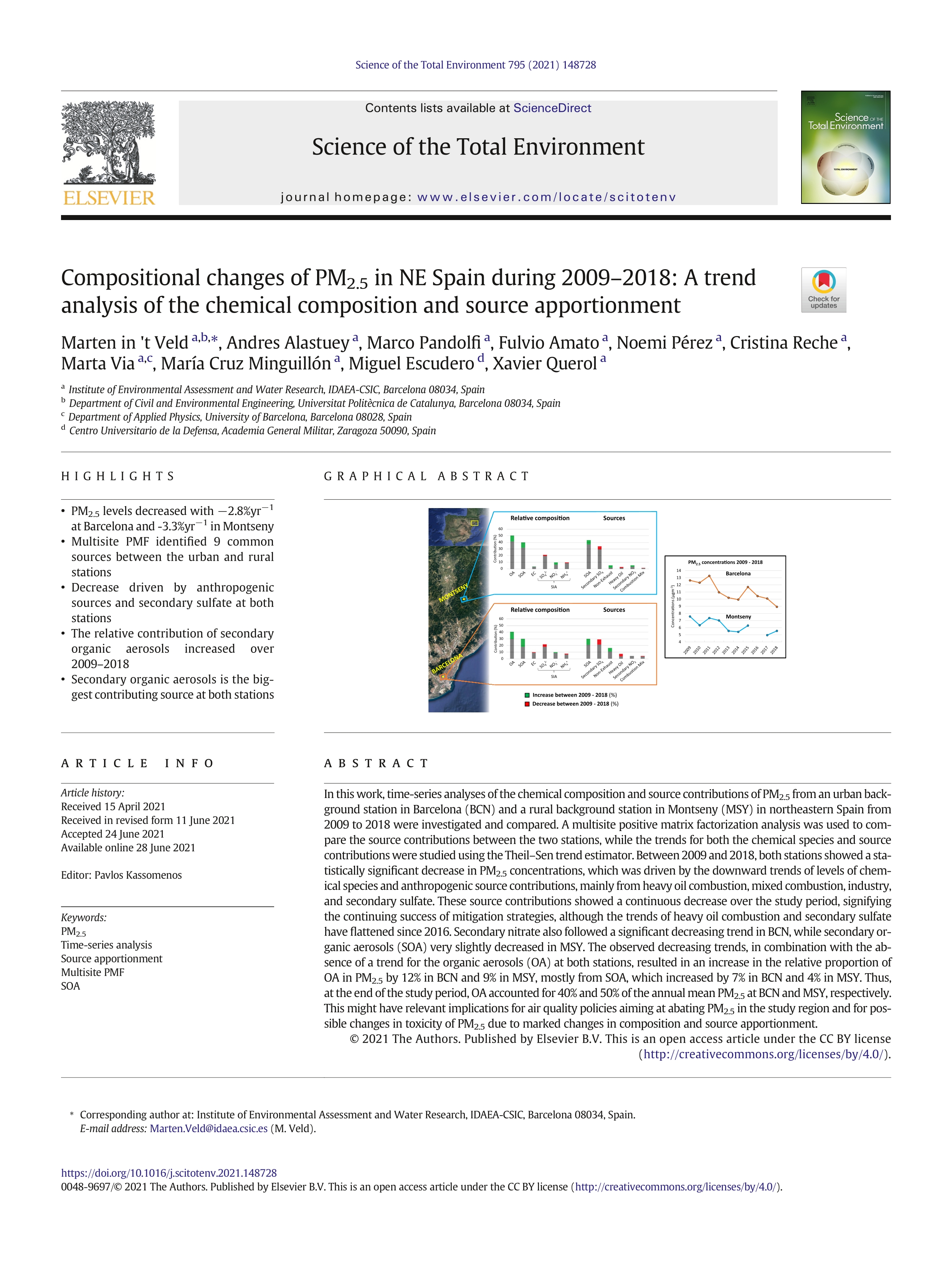 Compositional changes of PM2.5 in NE Spain during 2009–2018: a trend analysis of the chemical composition and source apportionment