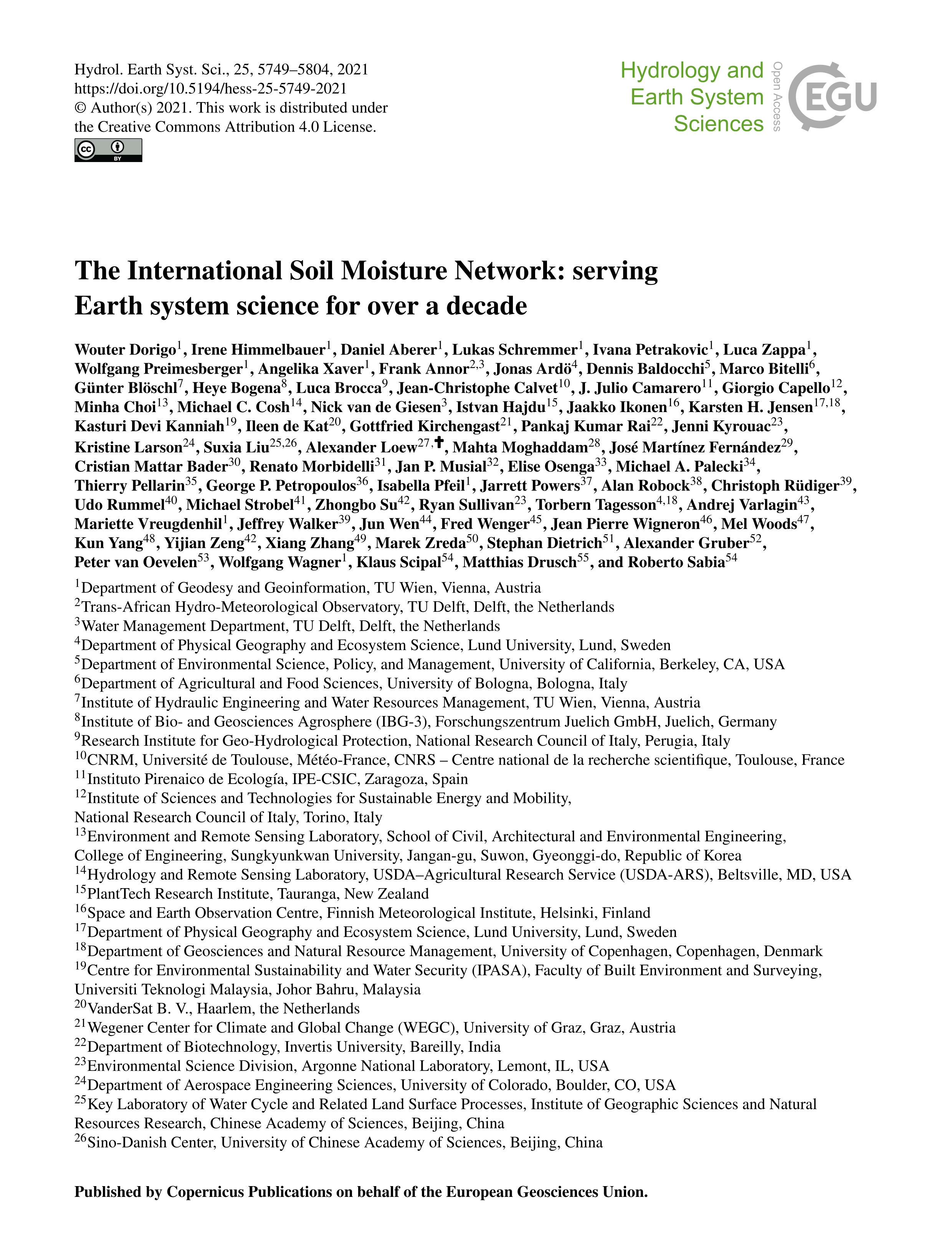 The international soil moisture network: serving earth system science for over a decade