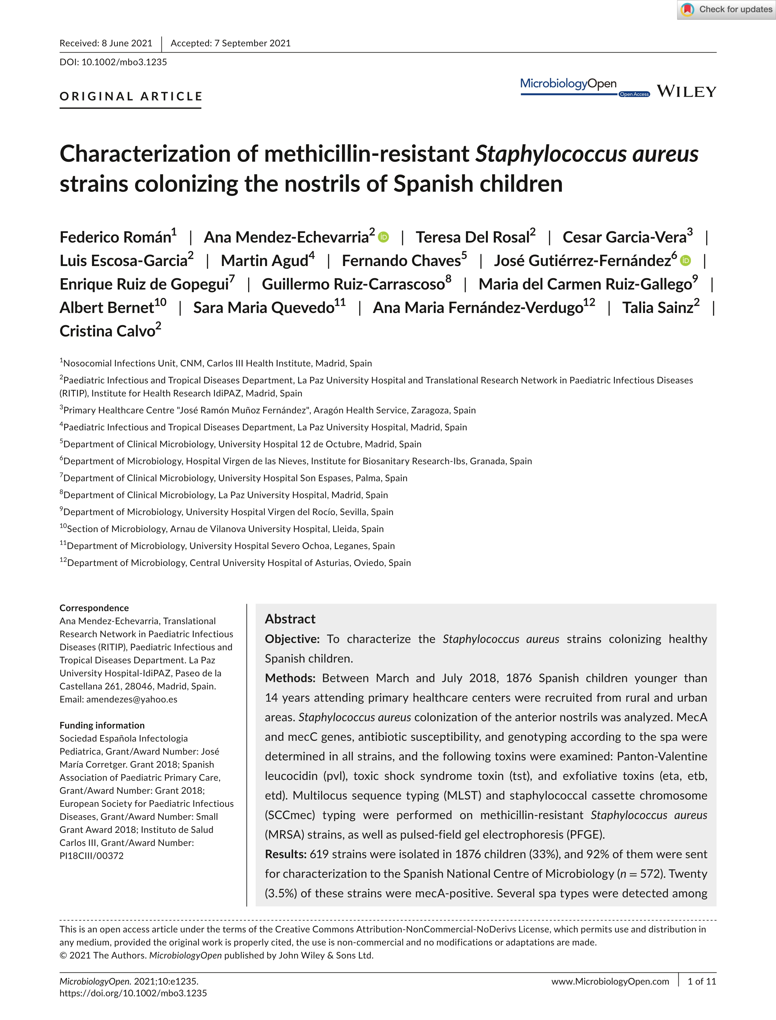 Characterization of methicillin-resistant Staphylococcus aureus strains colonizing the nostrils of Spanish children
