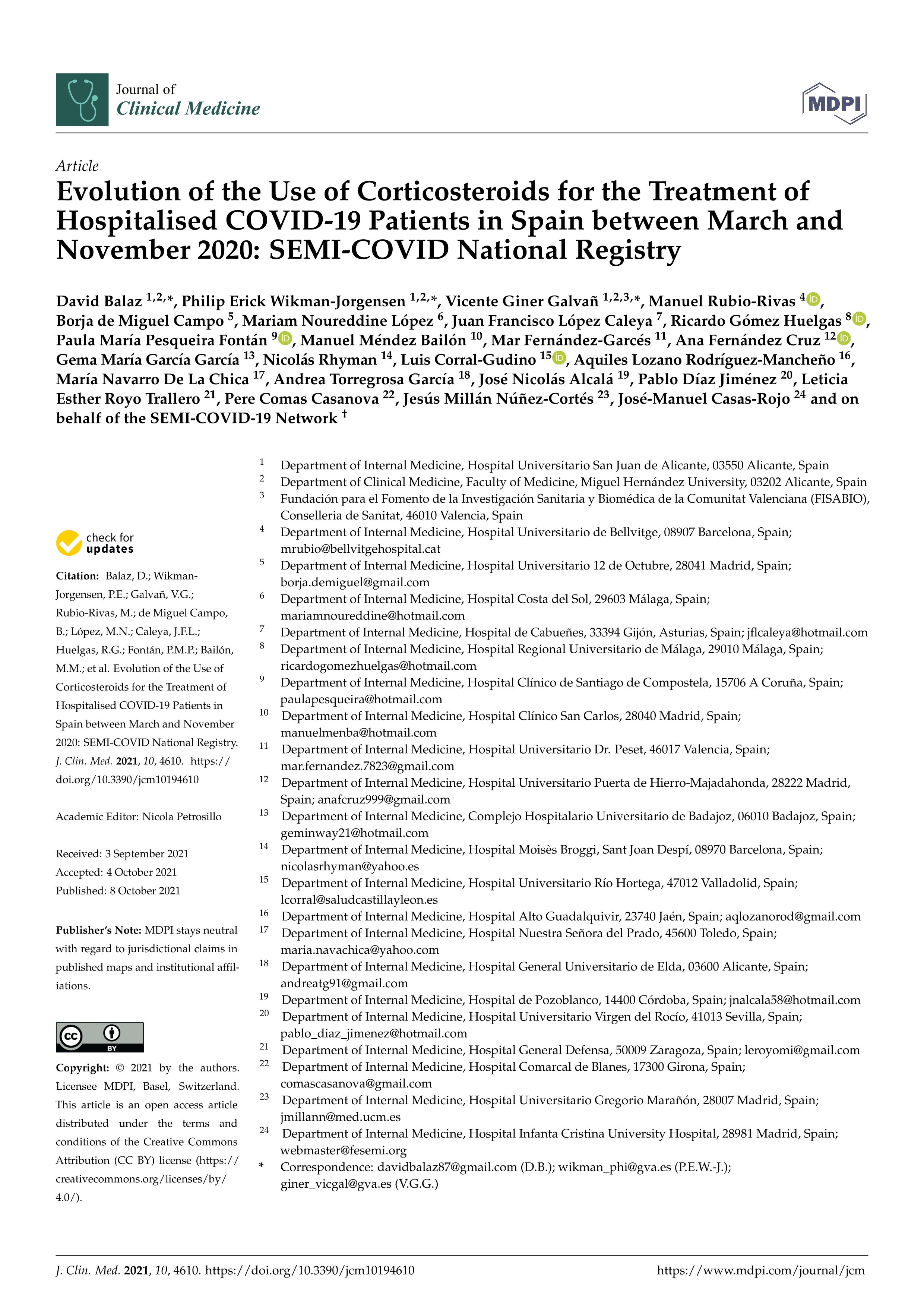 Evolution of the use of corticosteroids for the treatment of hospitalised COVID-19 patients in Spain between March and November 2020: SEMI-COVID national registry