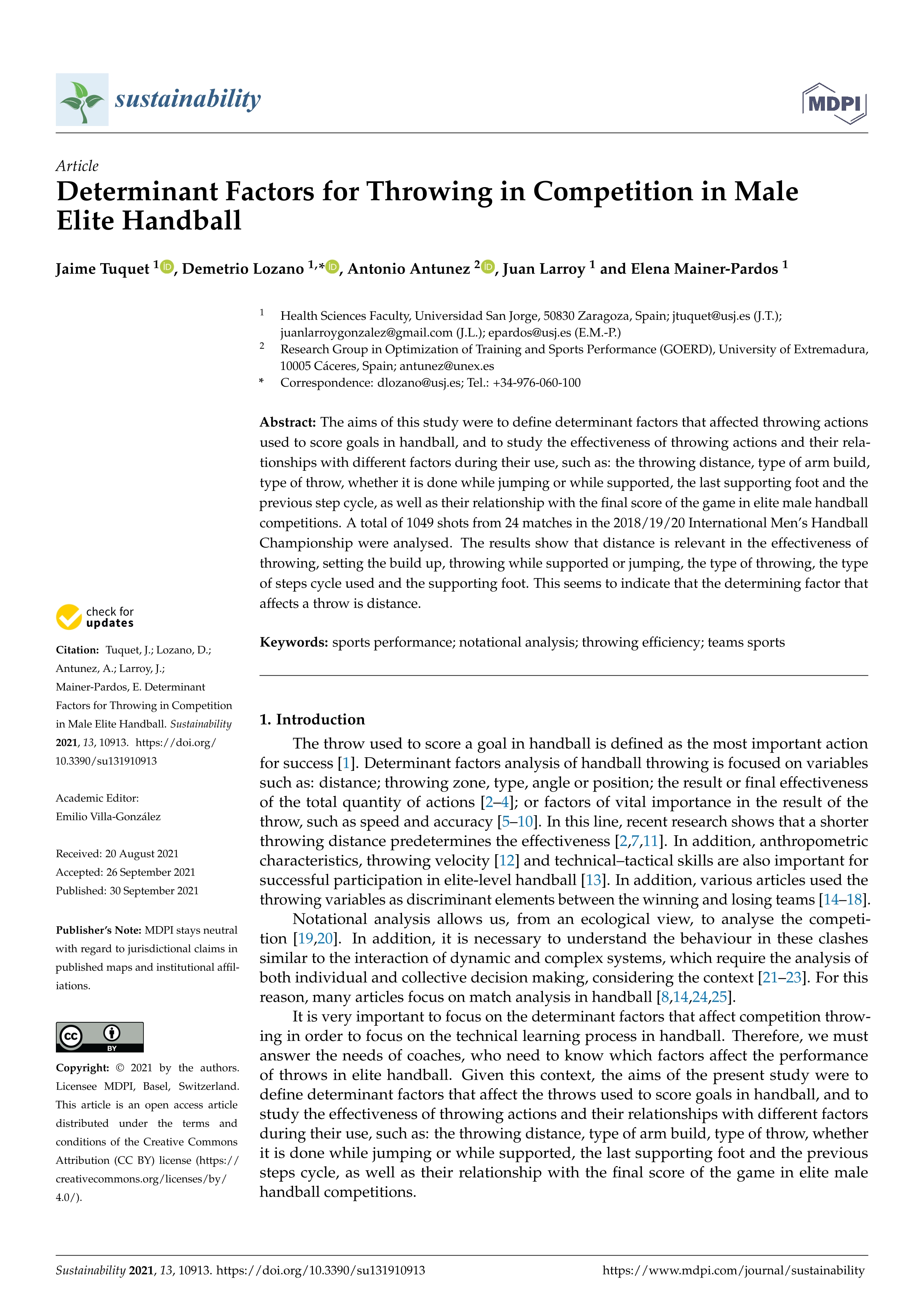 Determinant factors for throwing in competition in male elite handball