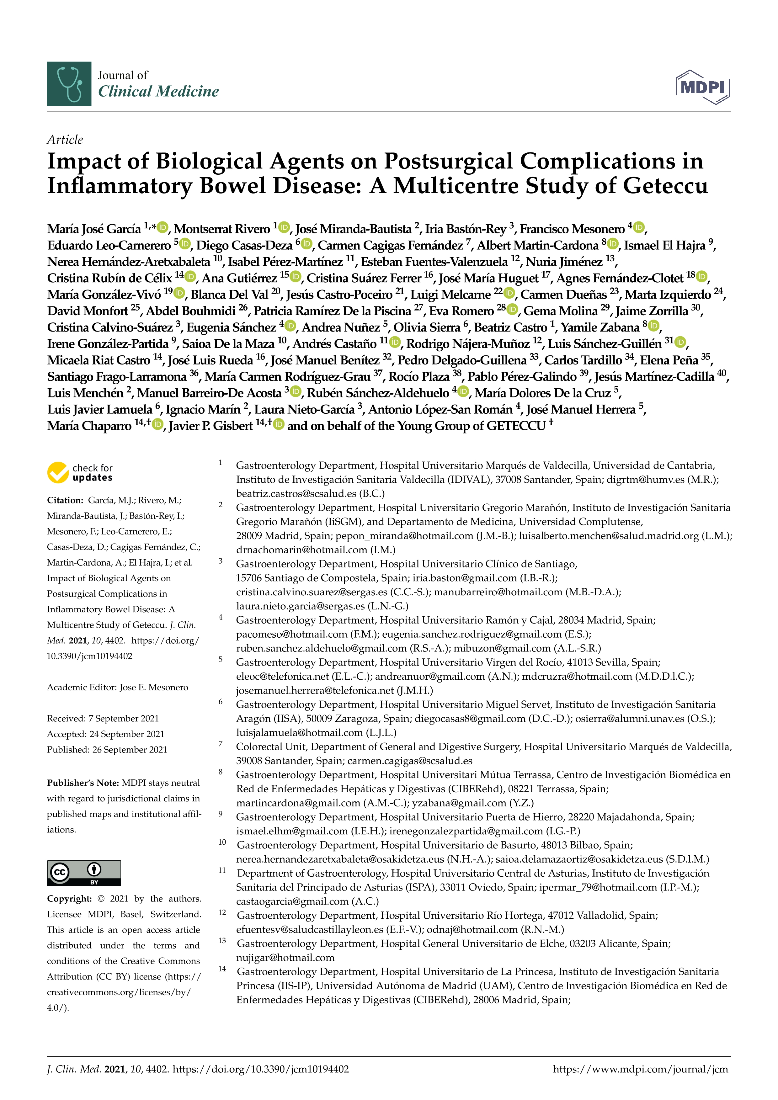 Impact of biological agents on postsurgical complications in inflammatory bowel disease: A multicentre study of Geteccu