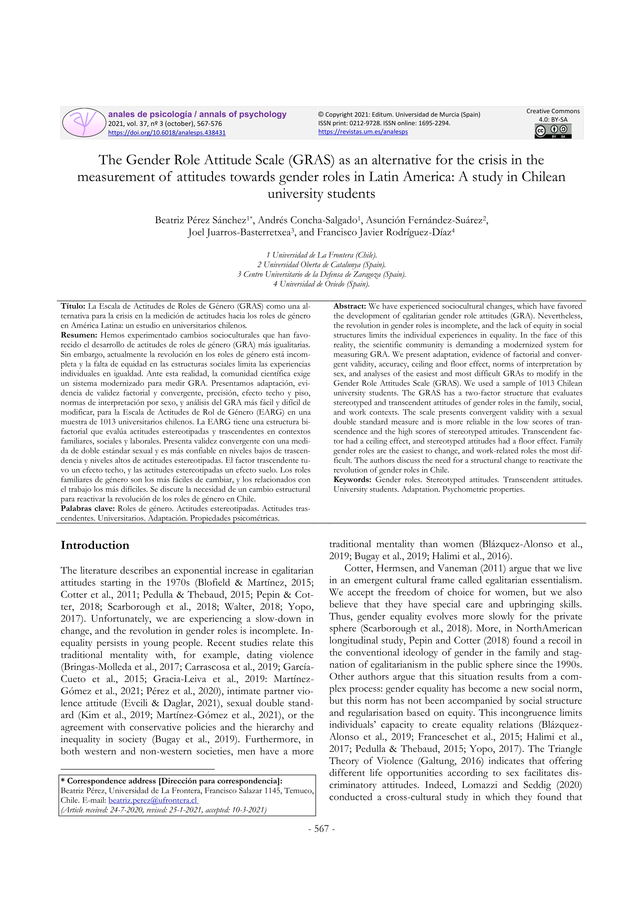 The Gender Role Attitude Scale (GRAS) as an alternative for the crisis in the measurement of  attitudes towards gender roles in Latin America: A study in Chilean university students