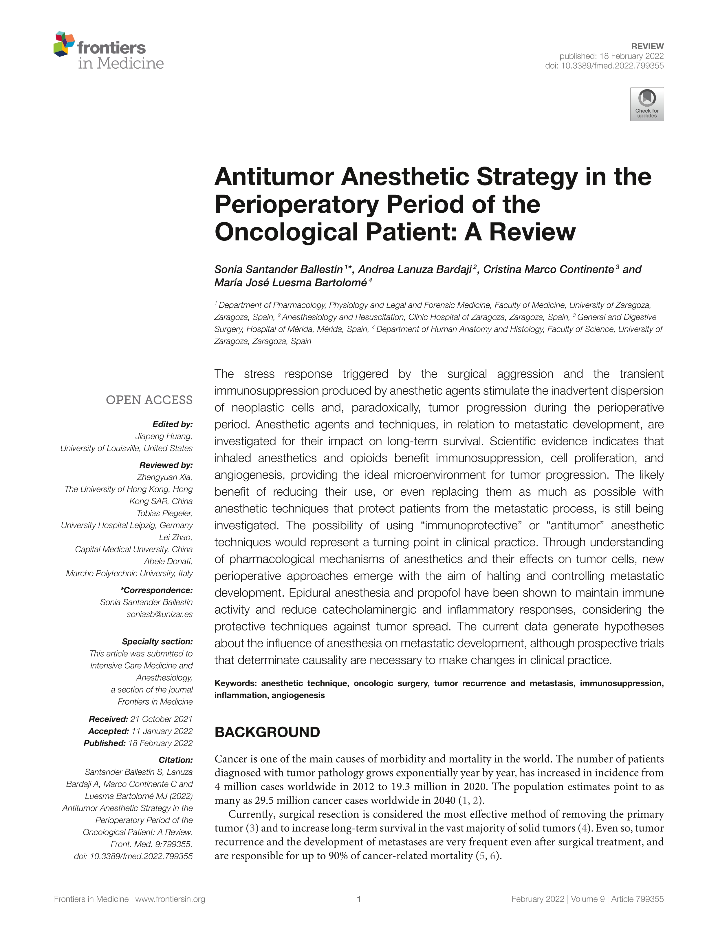 Antitumor Anesthetic Strategy in the Perioperatory Period of the Oncological Patient: A Review