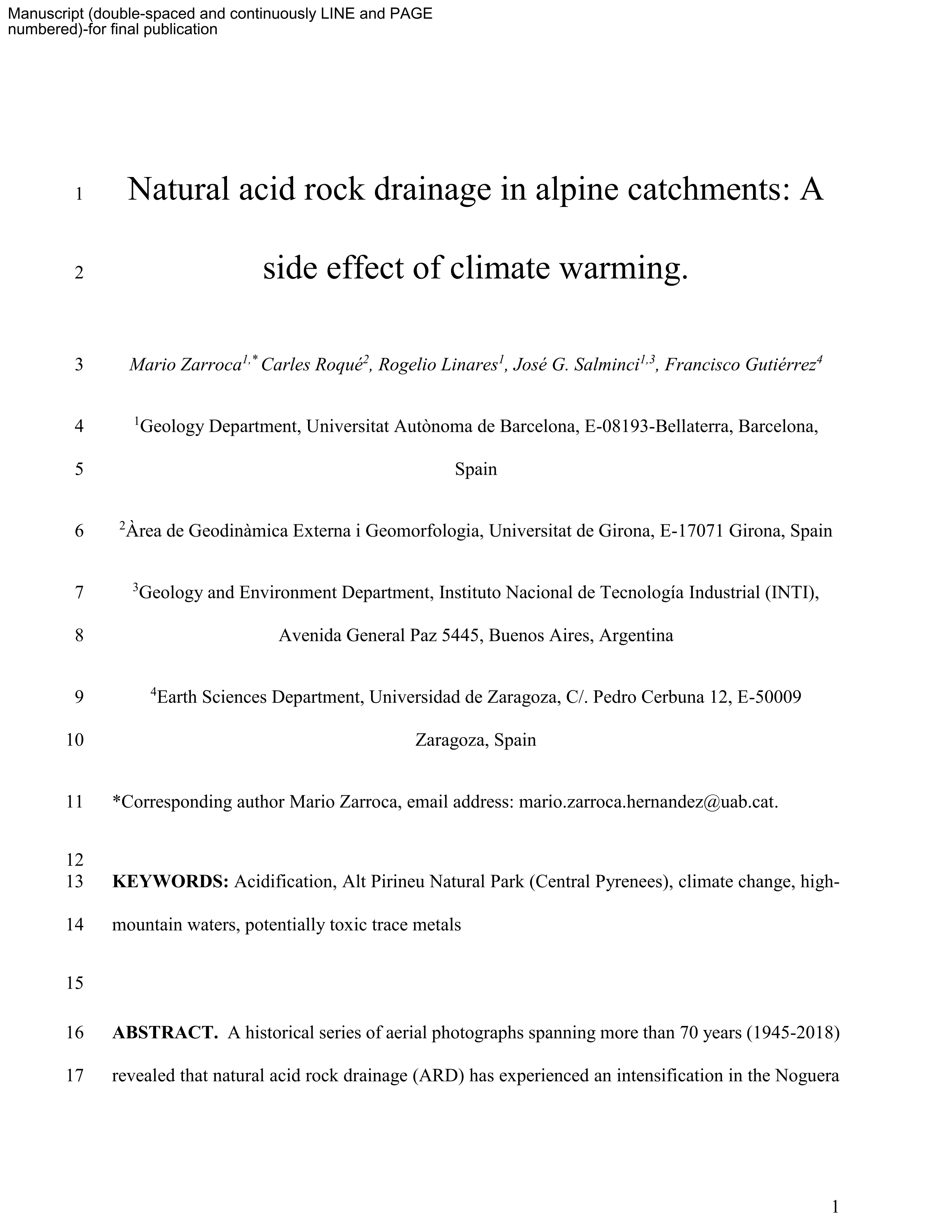Natural acid rock drainage in alpine catchments: A side effect of climate warming