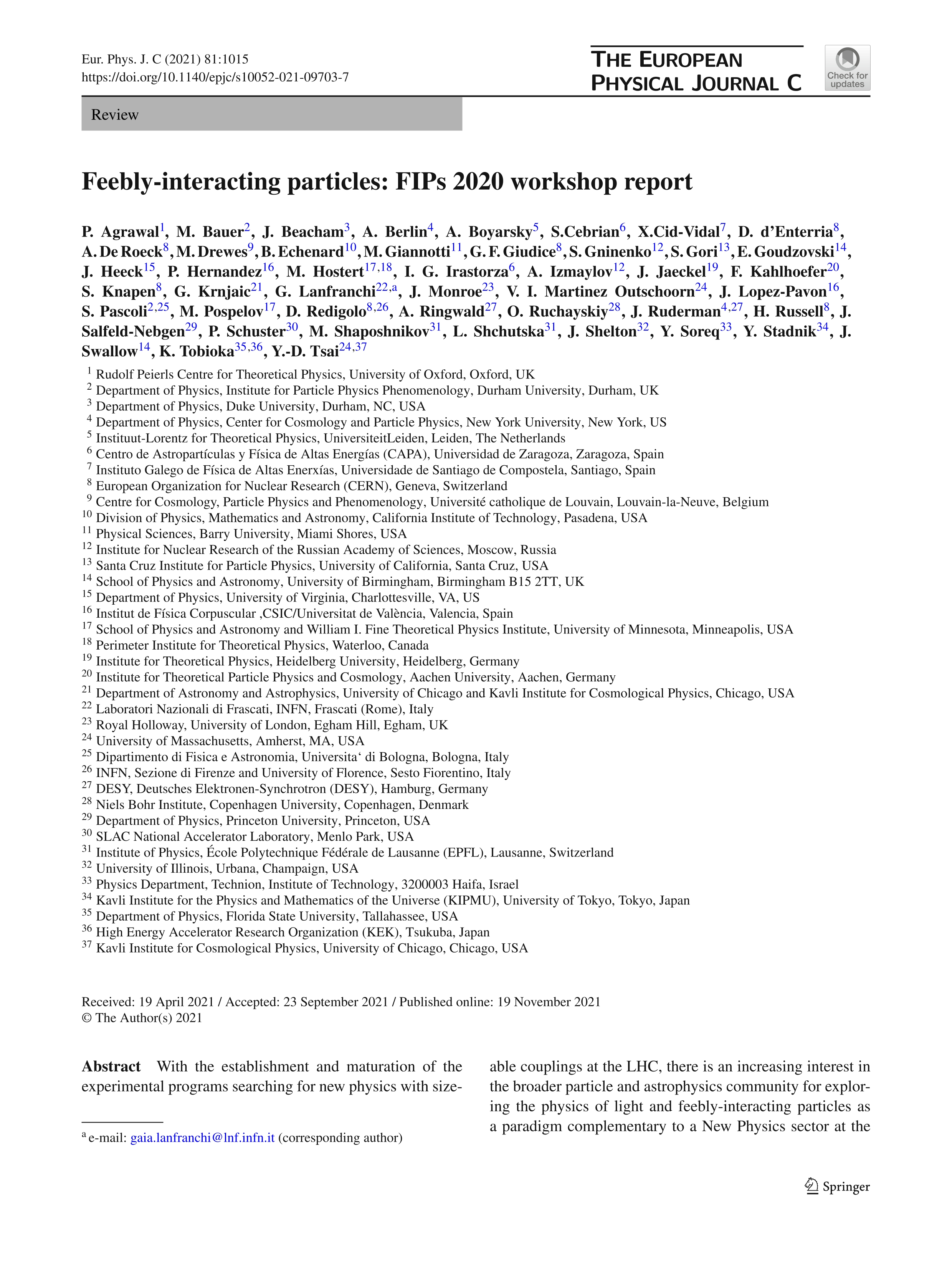 Feebly-interacting particles: FIPs 2020 workshop report