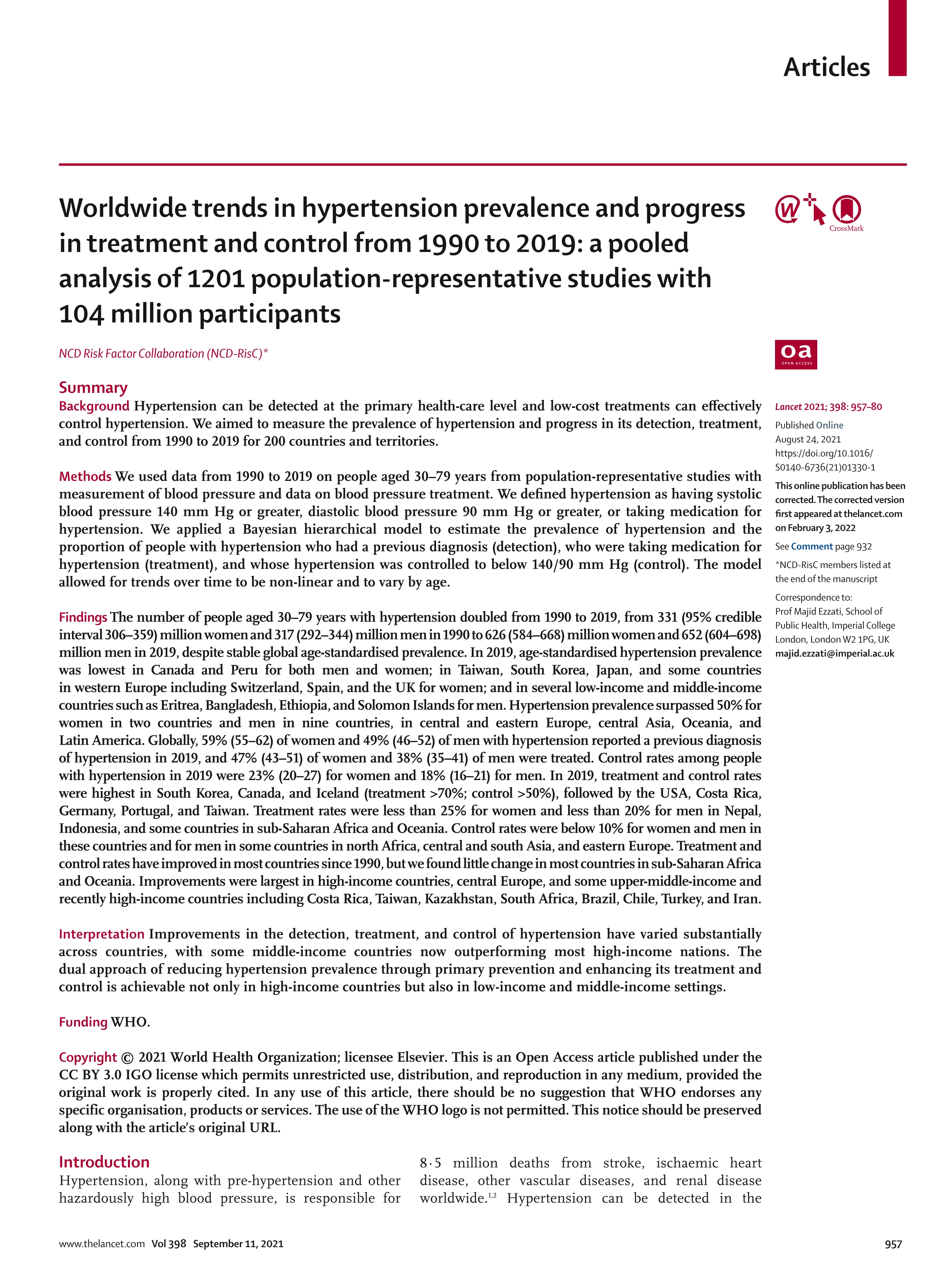 Worldwide trends in hypertension prevalence and progress in treatment and control from 1990 to 2019: a pooled analysis of 1201 population-representative studies with 104 million participants