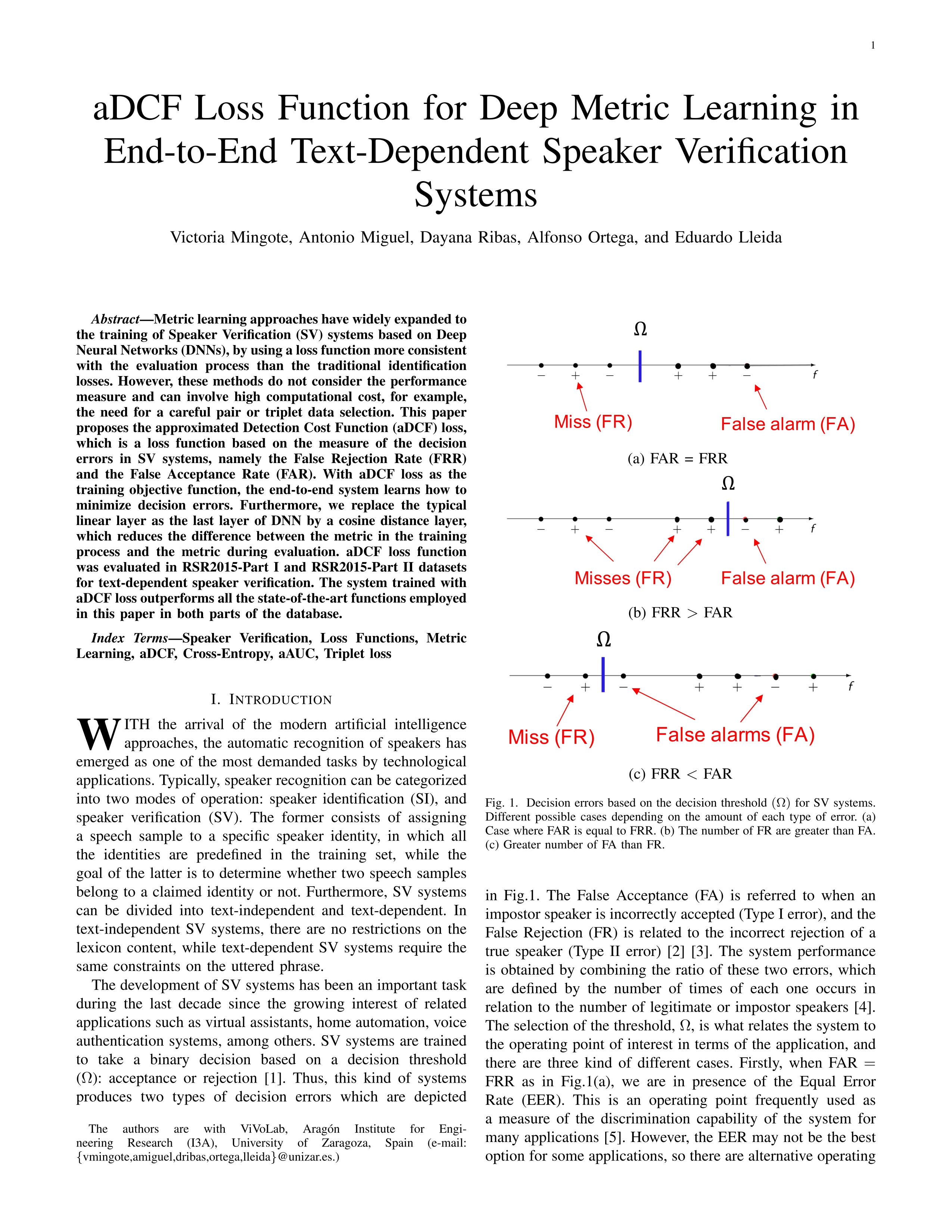 aDCF loss function for deep metric learning in end-to-end text-dependent speaker verification systems