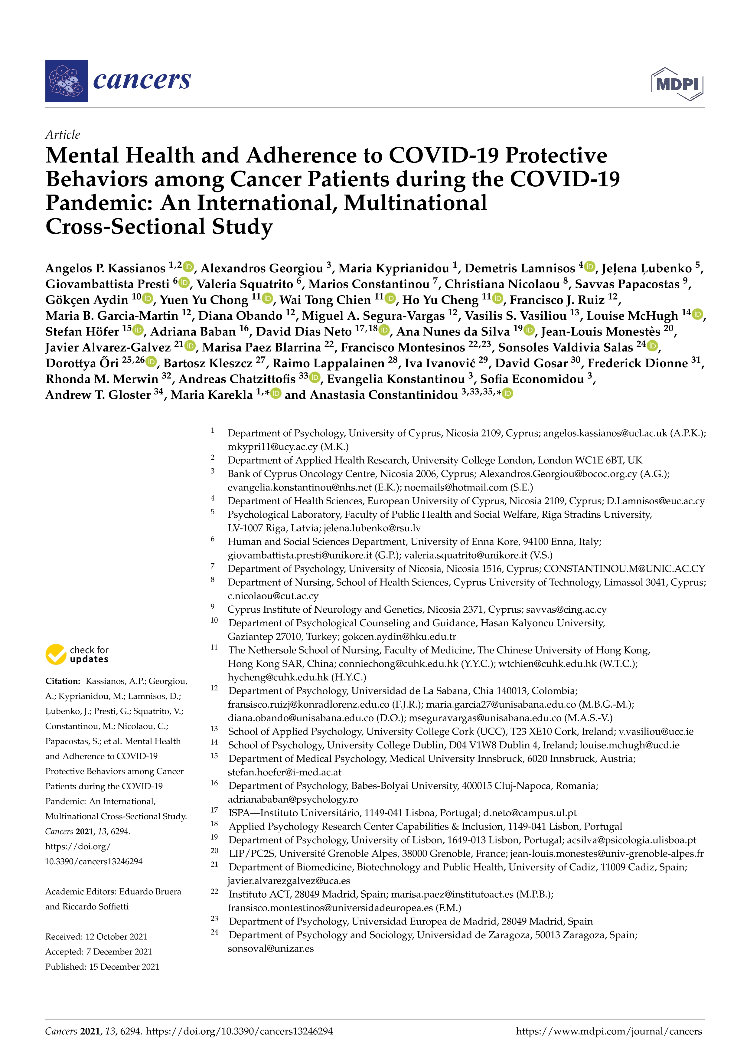 Mental health and adherence to covid-19 protective behaviors among cancer patients during the covid-19 pandemic: An international, multinational cross-sectional study