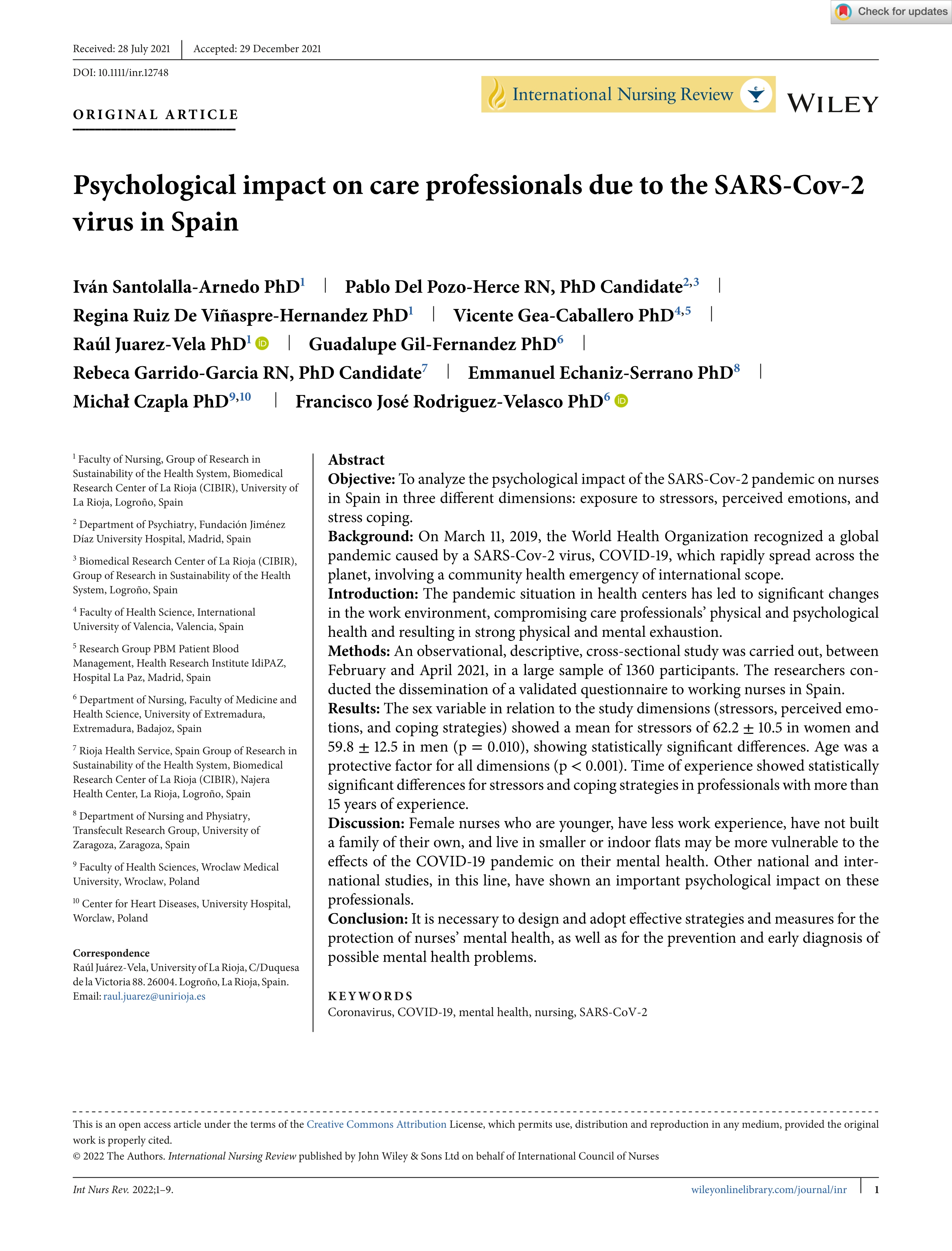 Psychological impact on care professionals due to the SARS-Cov-2 virus in Spain