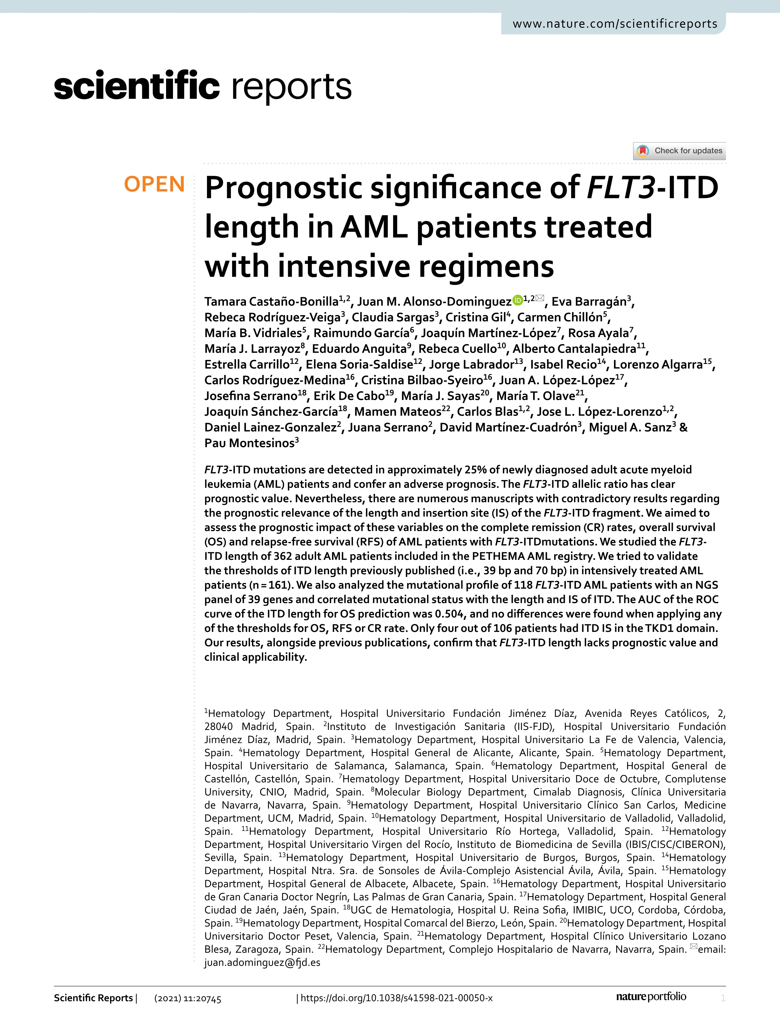Prognostic significance of FLT3-ITD length in AML patients treated with intensive regimens