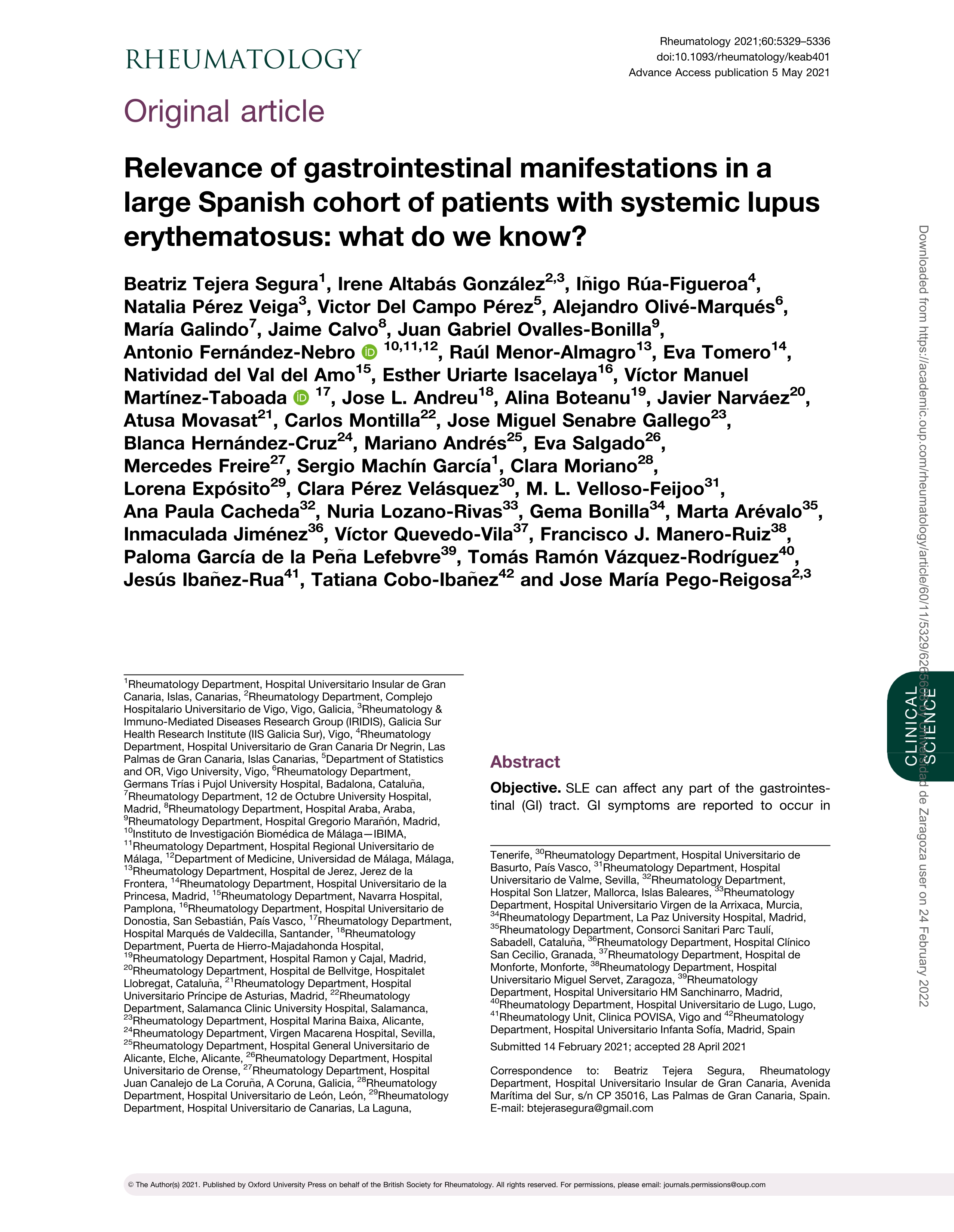 Relevance of gastrointestinal manifestations in a large Spanish cohort of patients with systemic lupus erythematosus: what do we know?