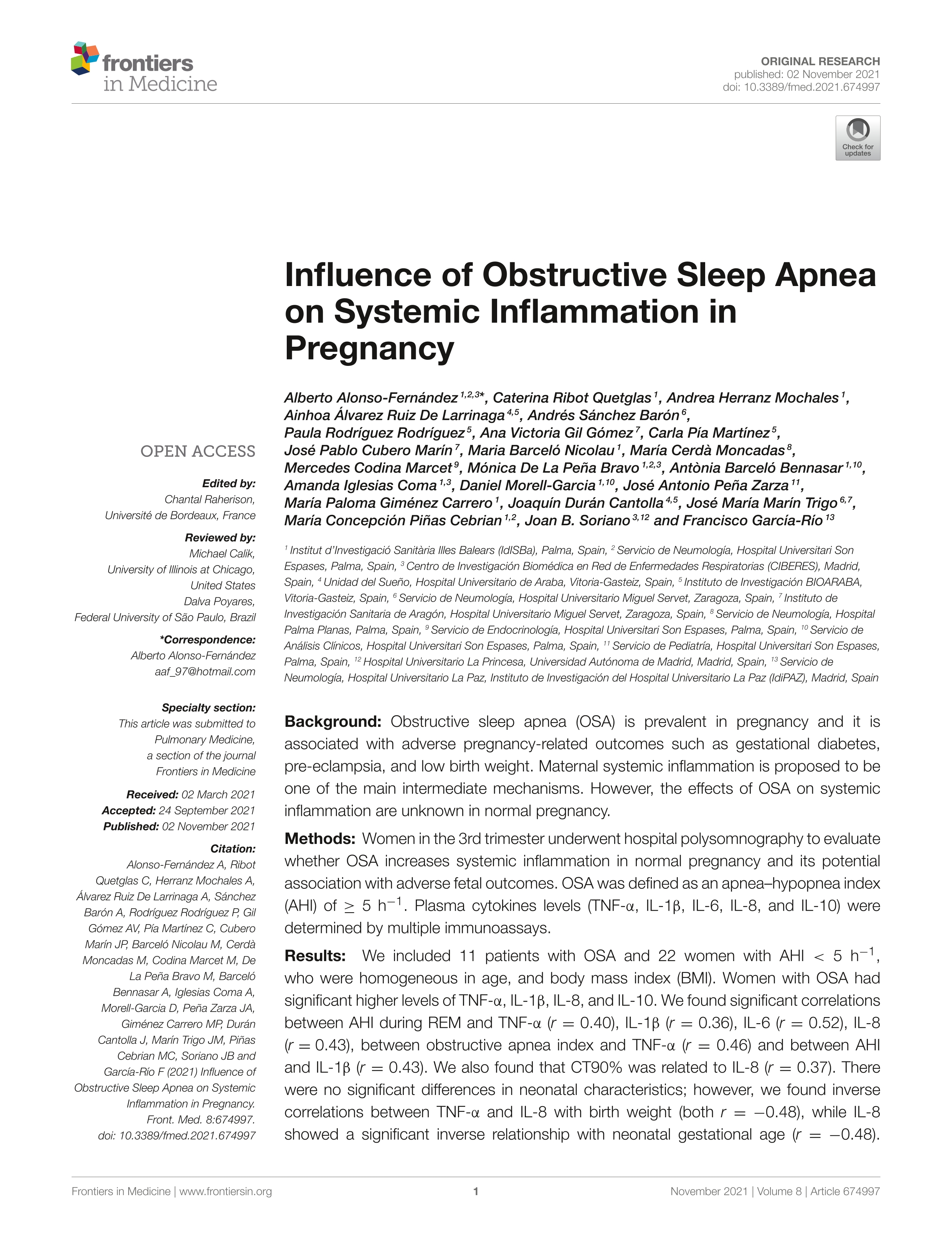 Influence of obstructive sleep apnea on systemic inflammation in pregnancy