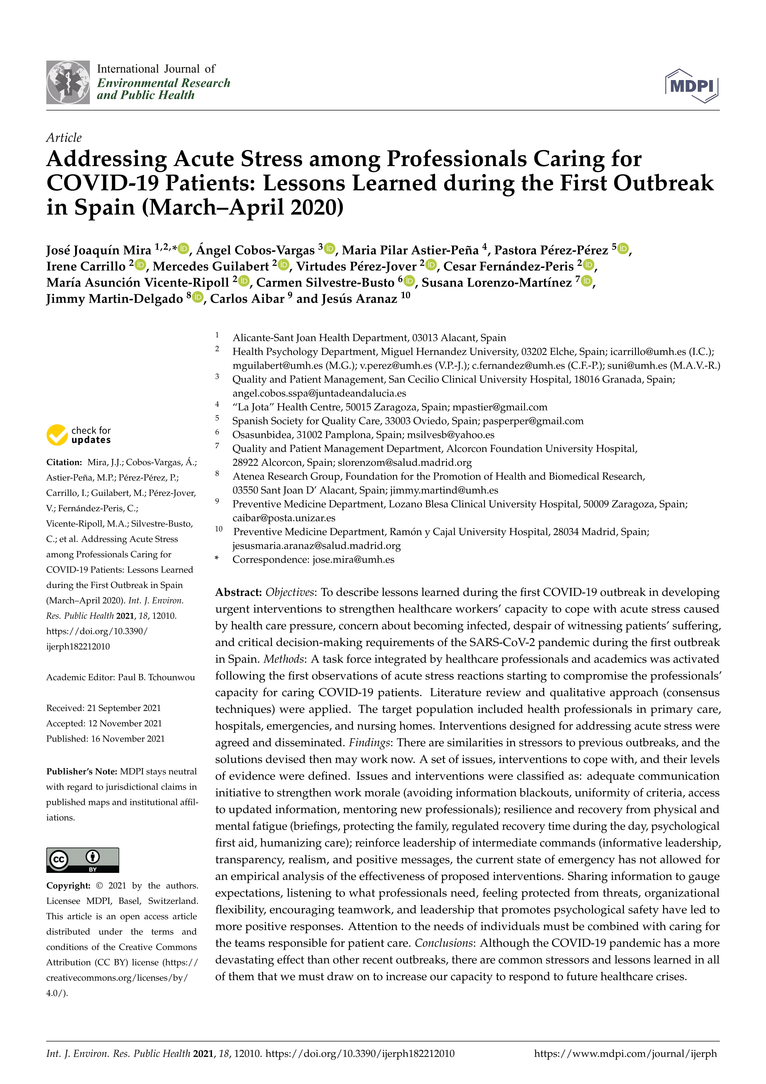 Addressing acute stress among professionals caring for COVID-19 patients: lessons learned during the first outbreak in Spain (March–April 2020)