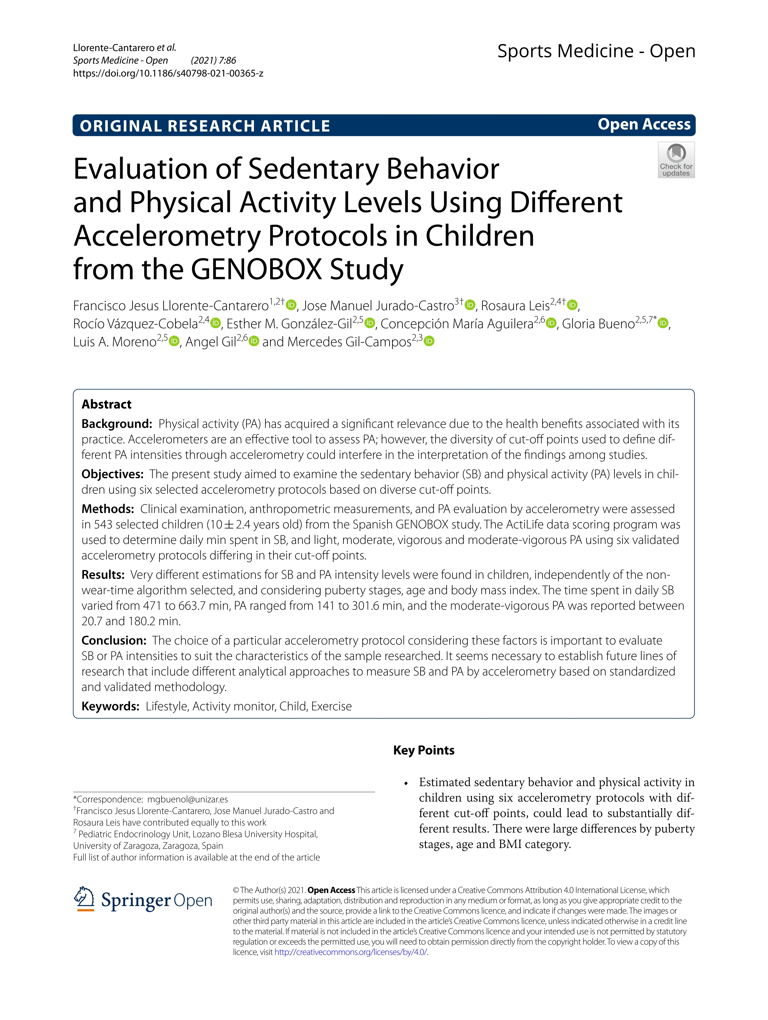 Evaluation of Sedentary Behavior and Physical Activity Levels Using Different Accelerometry Protocols in Children from the GENOBOX Study