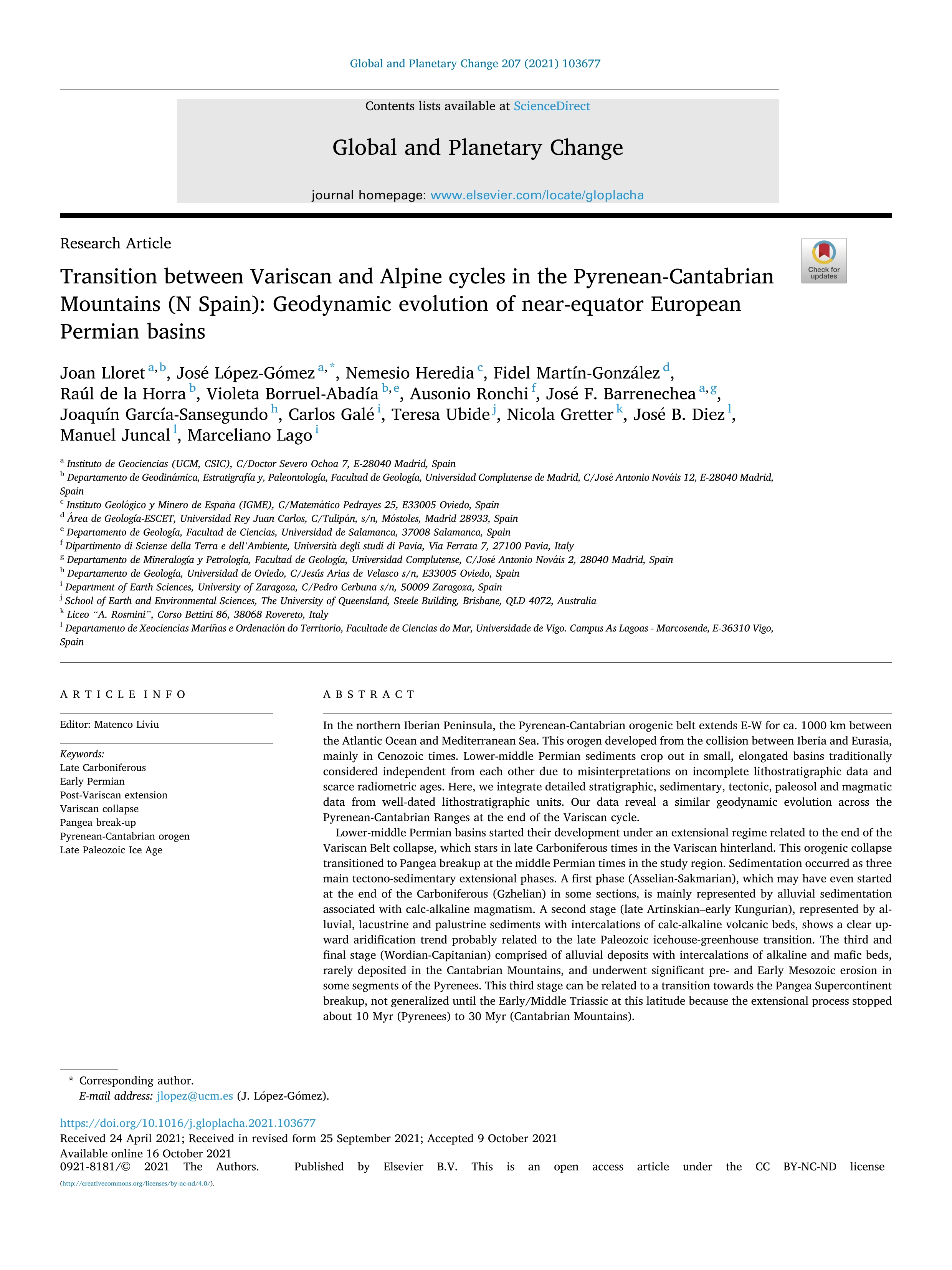 Transition between Variscan and Alpine cycles in the Pyrenean-Cantabrian Mountains (N Spain): Geodynamic evolution of near-equator European Permian basins